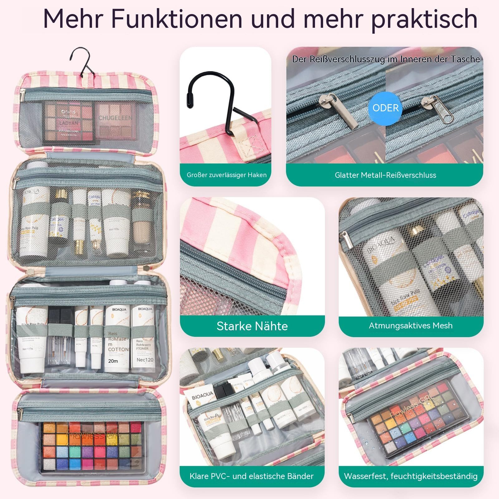 Zyronn Kulturbeutel Reise Kulturtasche Damen, Wasserabweisende Kulturbeutel mit Nassfach, Stilvolle, gestreifte Kosmetiktasche mit Haken – Bild 3 von 5