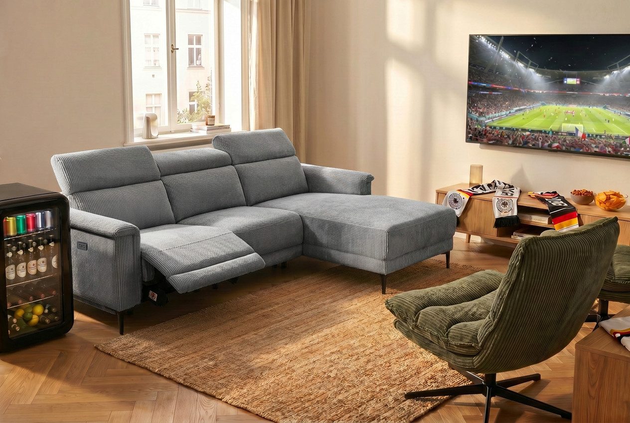 OTTO home Ecksofa LUND Cord, L-Form, 261 cm, man. o. elektr. Relaxfunktion (mit USB-A), mit USB A-Anschluss bei elektrischer Variante und Kopfteilverstellung