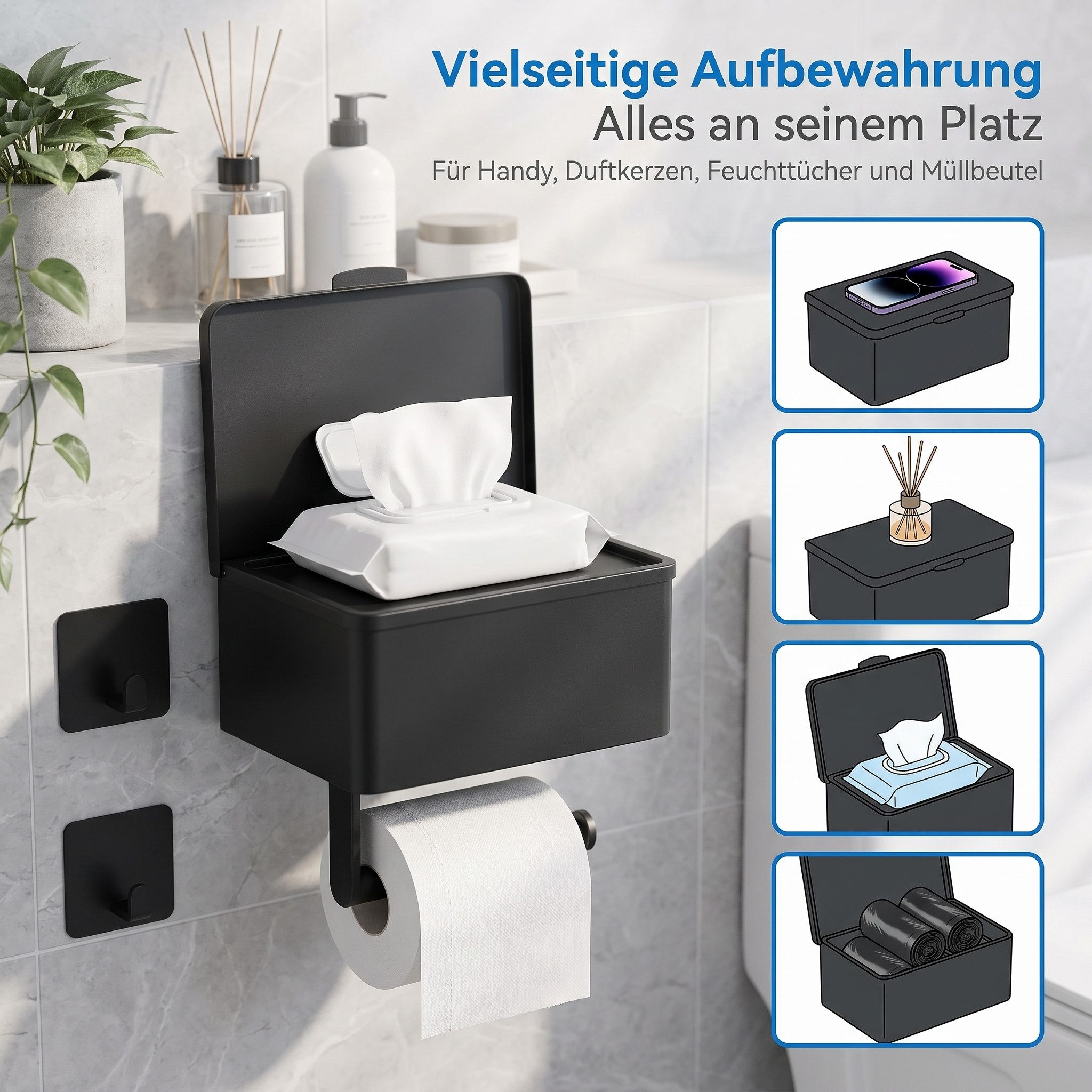 AIMAX Toilettenpapierhalter Toilettenpapierhalter ohne Bohren mit Feuchttücherbox Schwarz – Bild 2 von 5