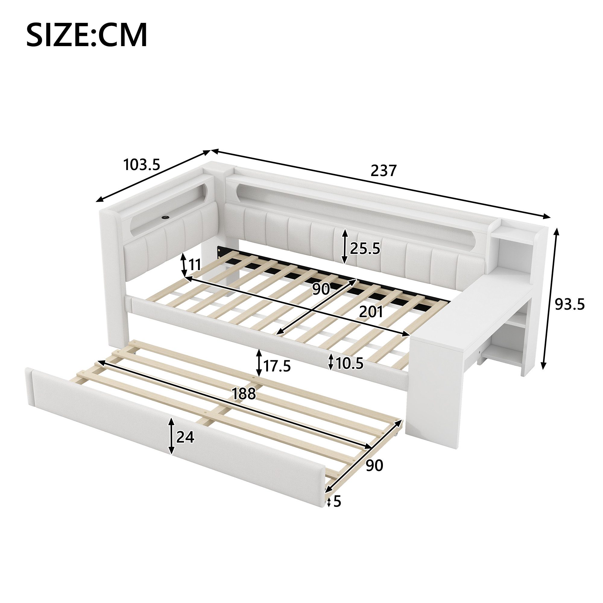 Ulife Polsterbett Tagesbett Kinderbett mit LED-Beleuchtung und Schreibtisch günstig online kaufen