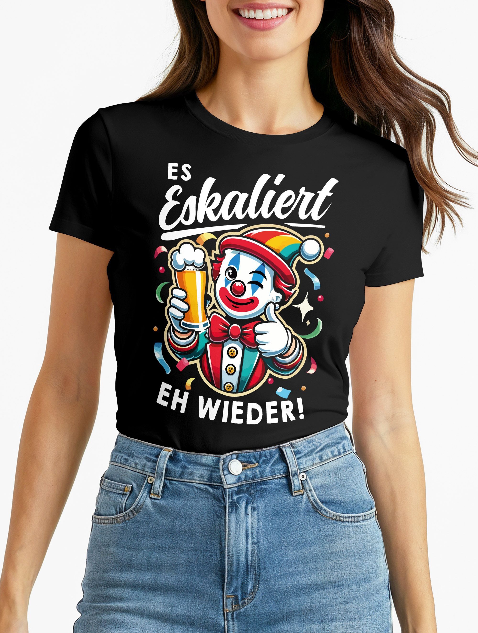 Print-Shirt Damen T-Shirt Spruch Es eskaliert eh Frosch Einhorn Clown Fasching