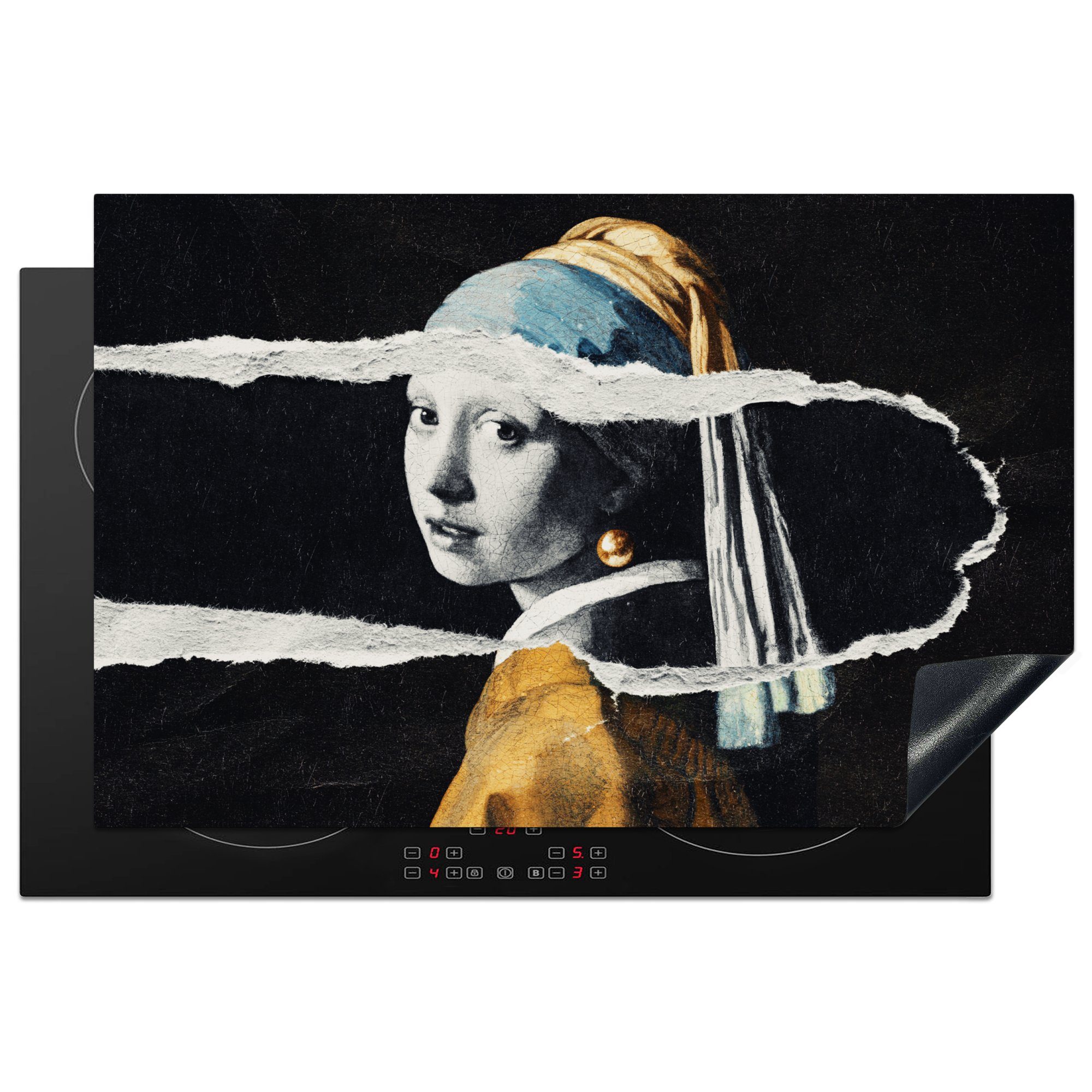 MuchoWow Herdblende-/Abdeckplatte Mädchen mit Perlenohrring - Gold - Vermeer - Schwarz - Weiß, Vinyl, (1 tlg), 81x52 cm, Induktionskochfeld Schutz für die küche, Ceranfeldabdeckung