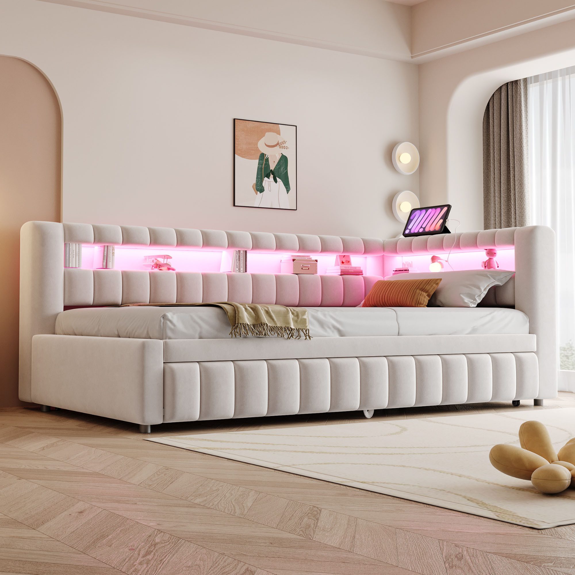 Merax Daybett 90x200cm mit Ausziehbett, LED-Beleuchtung und USB-C-Anschluss (Schlafsofa Sofabett Tagesbett Jugendbett Gästebett, 1 tlg), Polsterbett mit gepolstertem Kopfteil mit Ablagefächern, Samtbezug