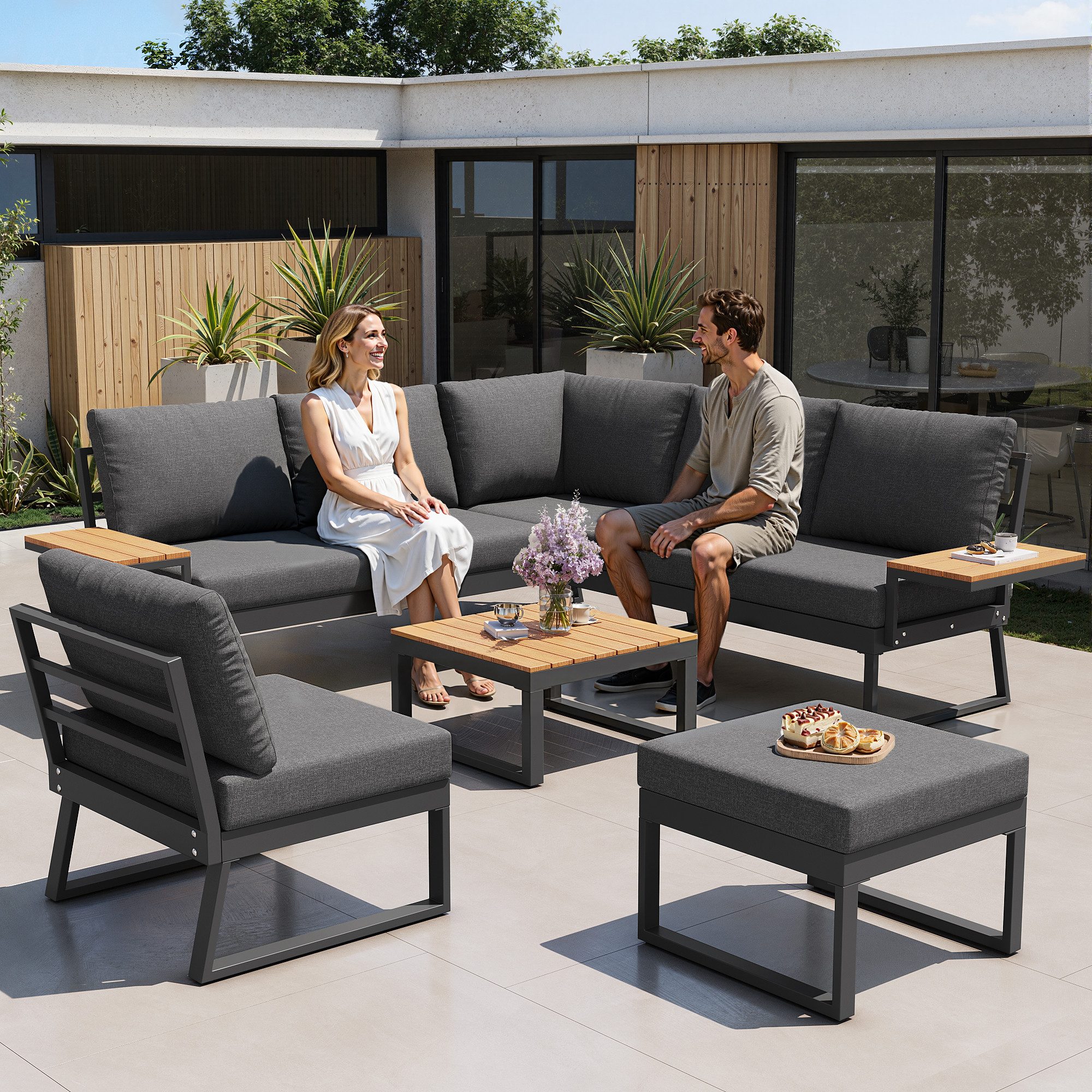KLAM HOME Gartenlounge-Set L-Form Garten Sofa Set Beige/Grau mit Holzarmlehnen, 7 Personen, (Wetterfeste Eckgarnitur aus Eisen, Inkl. Holztisch Sessel HockerMit), 10cm dicken Polstern für Terrasse Garten Balkon