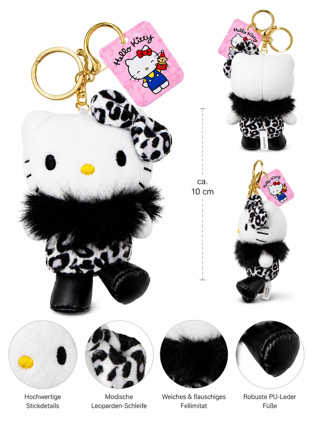 SANRIO Plüschanhänger Hello Kitty Bagclip Kuscheltier Plüsch schwarz Schlüsselanhänger 10cm (Set, 1-St., Plüschtier mit Anhänger), Weicher Taschenanhänger mit Leo-Design, Clip und Schlüsselring