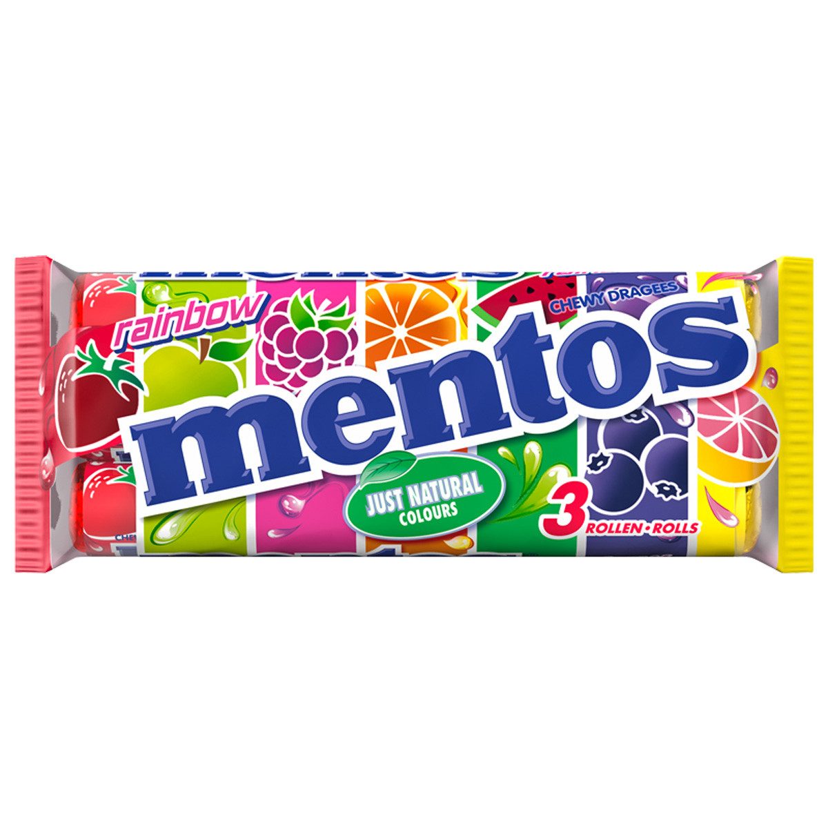MENTOS Süßigkeit, Mentos Rainbow 3 Rollen Kaudragees mit Fruchtgeschmack 7 Sorten 114g