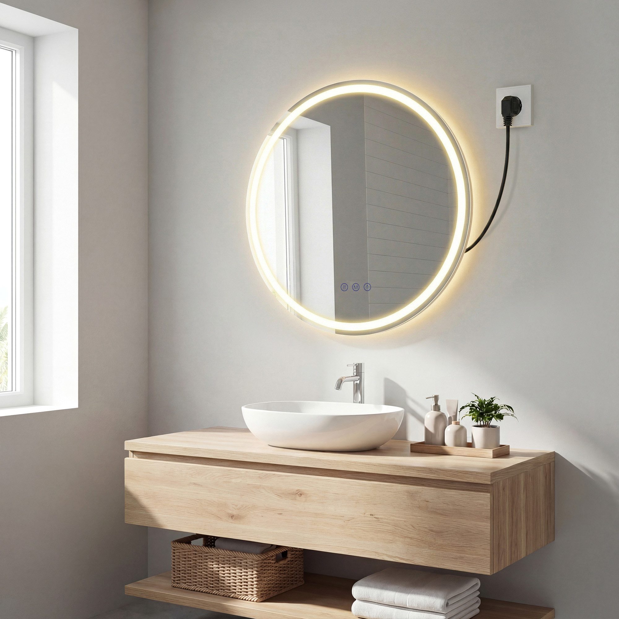 SONGMICS Wandspiegel Runder/Rechteckig Badspiegel, Anti-Beschlag, LED-Licht, dimmbar, 3Modi, Wählbar im Durchmesser 51 cm oder 61 cm