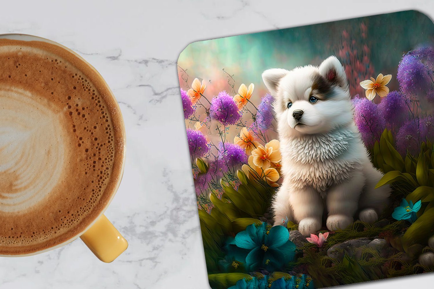 Tischuntersetzer, - Gläser, für Tasse Glasuntersetzer Welpe MuchoWow 6-tlg., Blumen - Untersetzer, Natur Husky, - Pflanzen - Korkuntersetzer, Zubehör Glasuntersetzer,