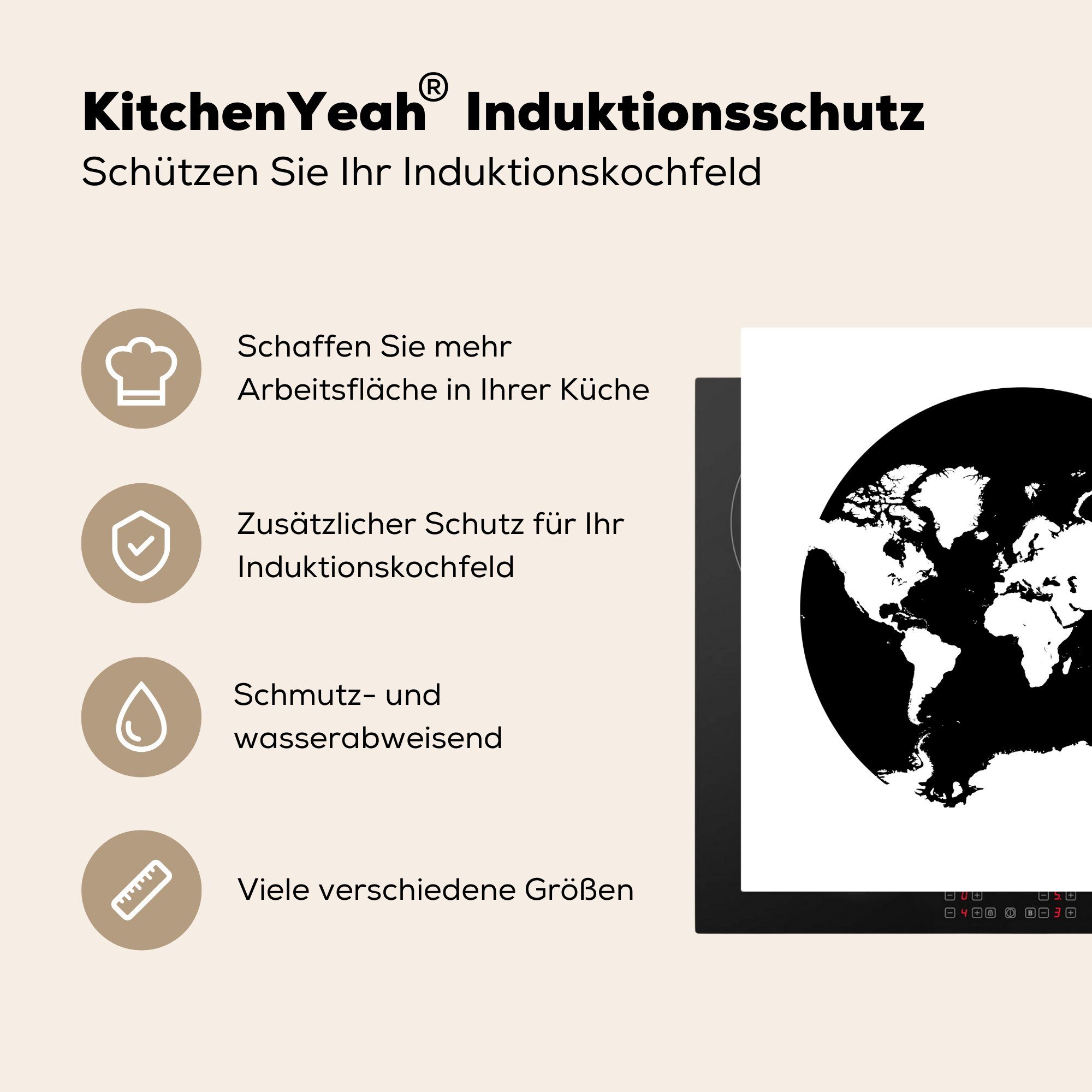 tlg), Weltkarte Herdblende-/Abdeckplatte cm, MuchoWow weiß, und Kreis für Arbeitsplatte Schwarz küche Ceranfeldabdeckung, - 78x78 - (1 Vinyl,