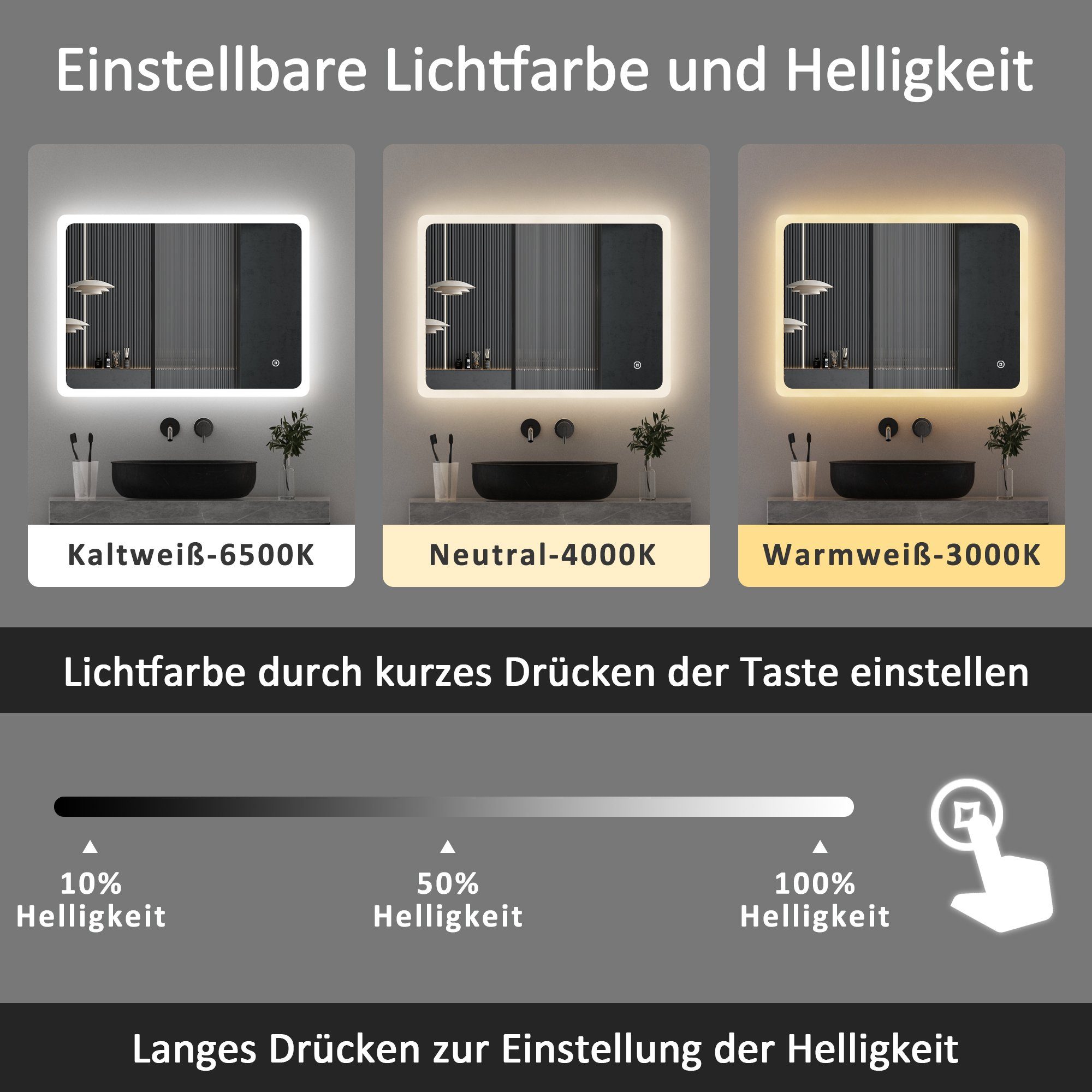 WDWRITTI Badspiegel Badezimmerspiegel mit Beleuchtung Wandspiegel Led Touch Wandschalter (Spiegel Bad, 3Lichtfarben, Helligkeit dimmbar, Memory), 3000K/4000K/6500K, IP44