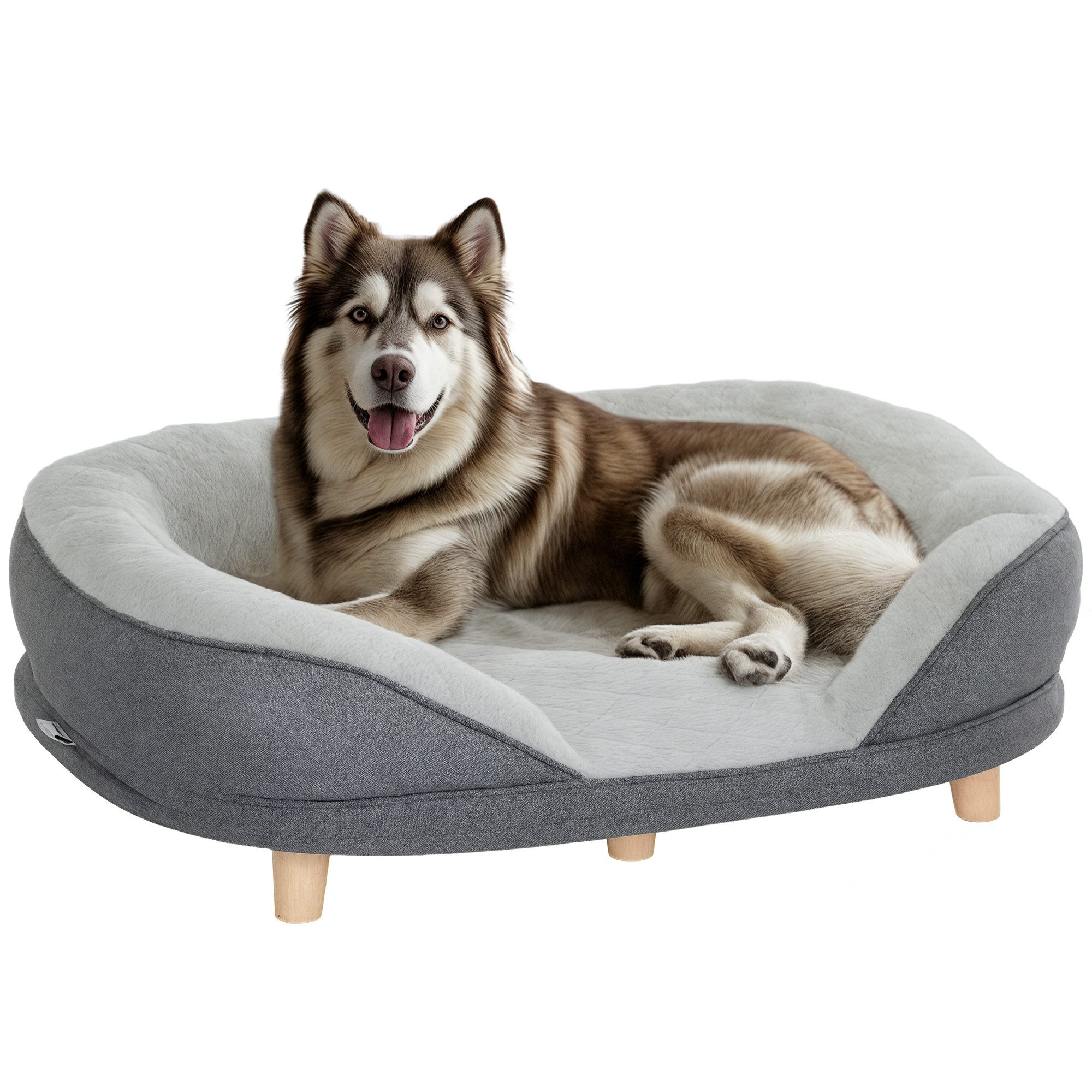 PawHut Tierbett Waschbarer Bezug, mit Rückenlehne und Holzbeine, Polyester, für mittelgroße Hunde unter 25 kg, Grau