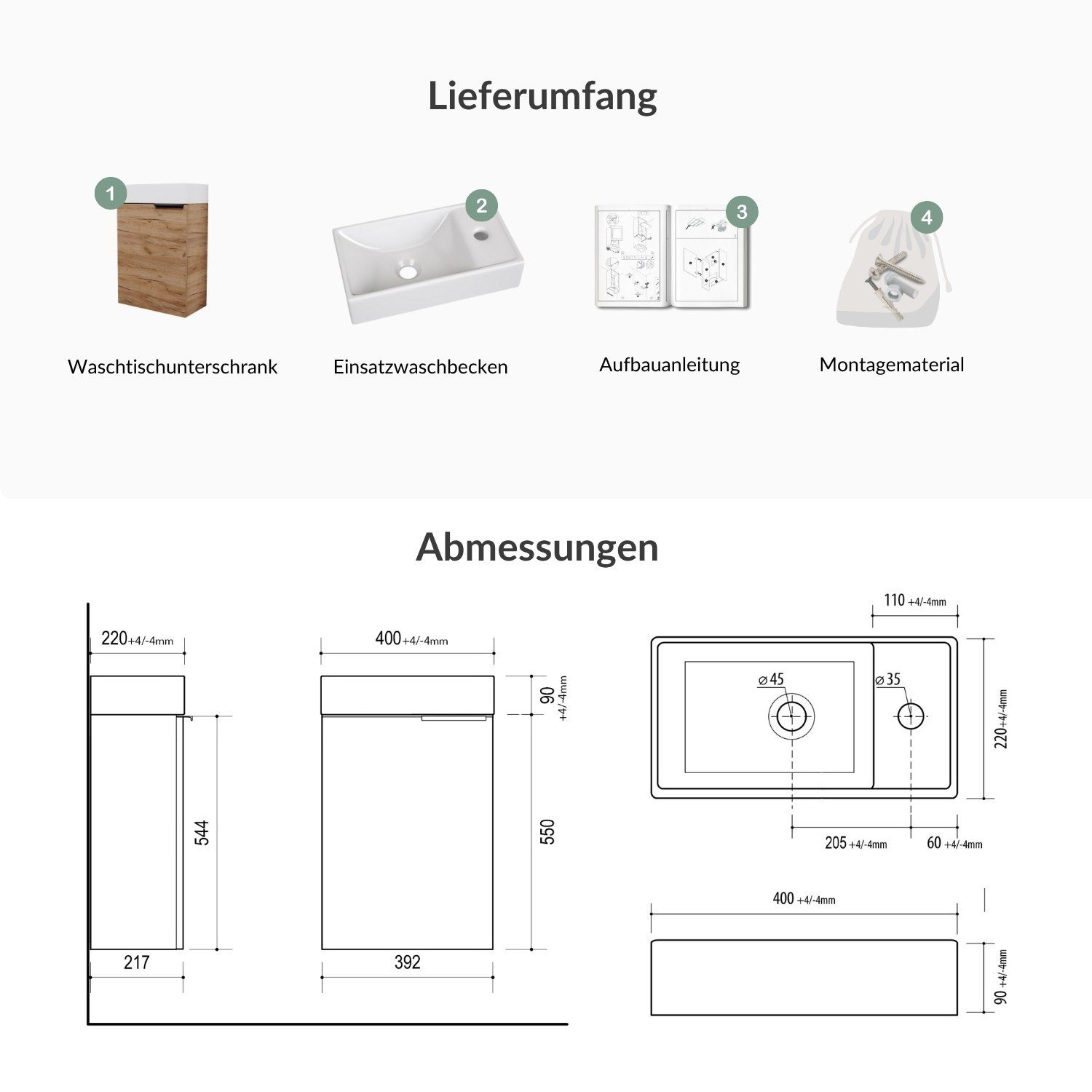 Planetmöbel Waschtisch Waschbeckenunterschrank 40cm Gold Eiche (2er Set, 1-St), Badmöbel, Breite 40 cm, bestehend aus Keramik-Becken und Unterbau – Bild 4 von 5
