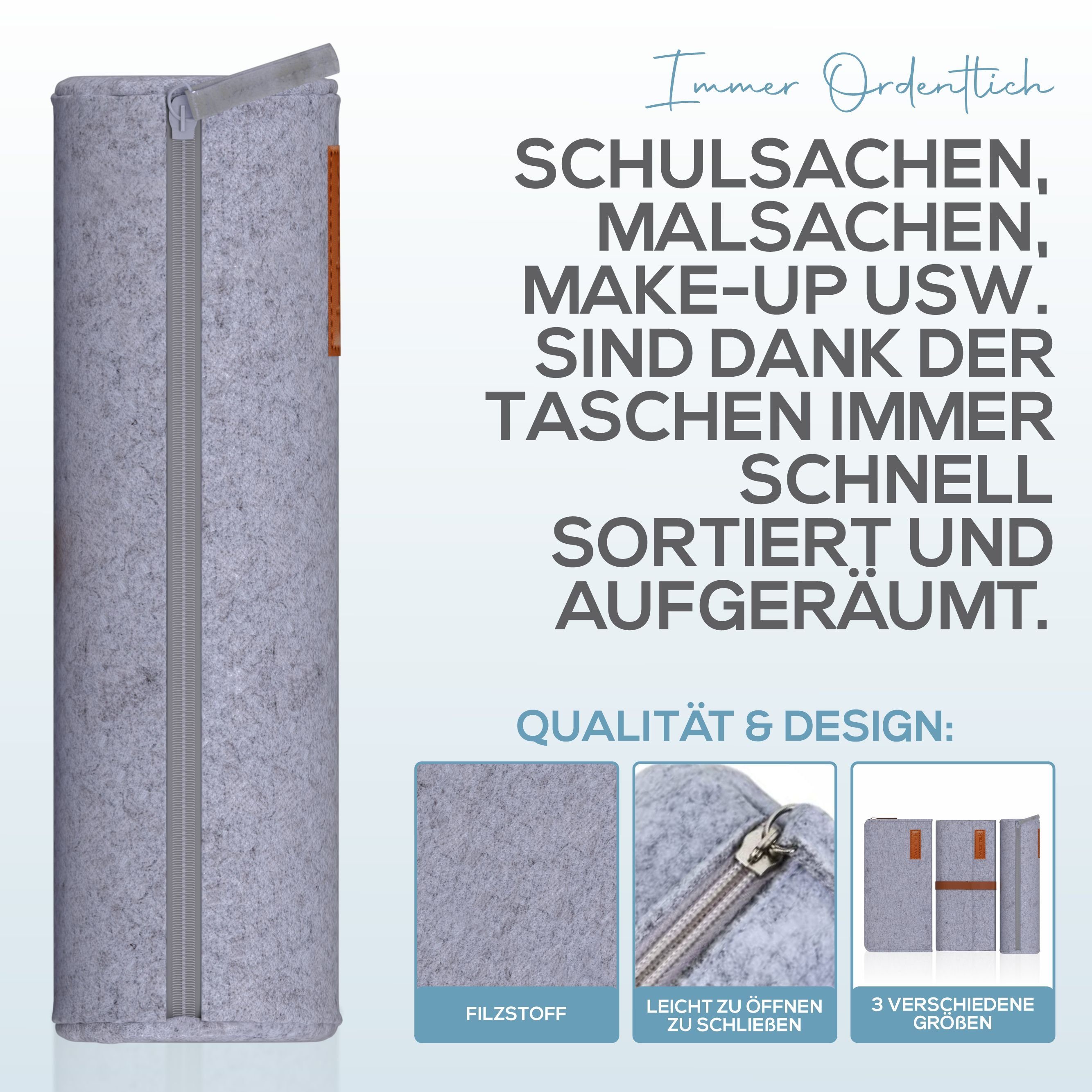 wortek Federmäppchen Filz Federmäppchen, 3fach, 1x Federmappe Mäppchen, 1x Schlampermäppche, (Set, 3-teilig), Filztaschen Etui Mäppchen für Schule & Büro