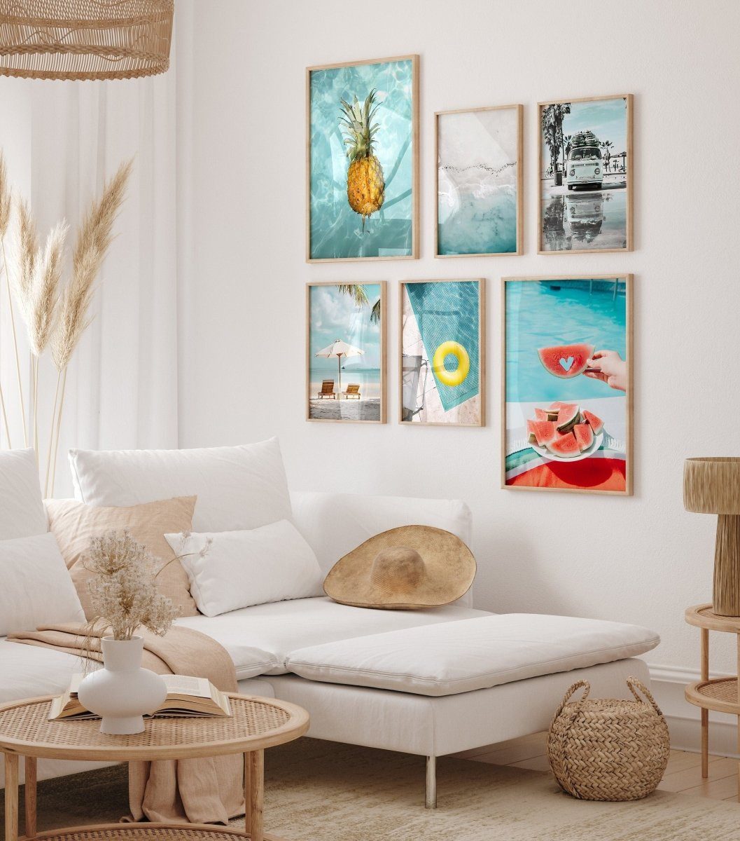 JUSTGOODMOOD Poster Urlaub Ananas Pool Strand Surfbrett Buggy Wassermelone Bilder Wohnzimm, Strand (1 St)