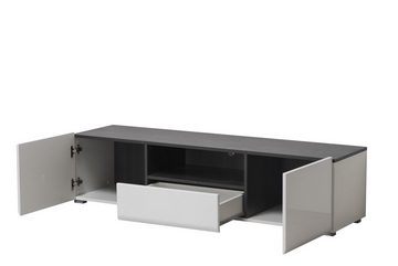 möbelando TV-Board Borca, Modernes TV-Lowboard, Front aus MDF in Weiß-Hochglanz, Korpus aus melaminbeschichteter Spanplatte in Opaque White, Absetzungen in Schwarz mit 2 Holztüren, 1 Schubkasten und 1 offenen Fach. Breite 153 cm, Höhe 38,5 cm, Tiefe 41,5 cm