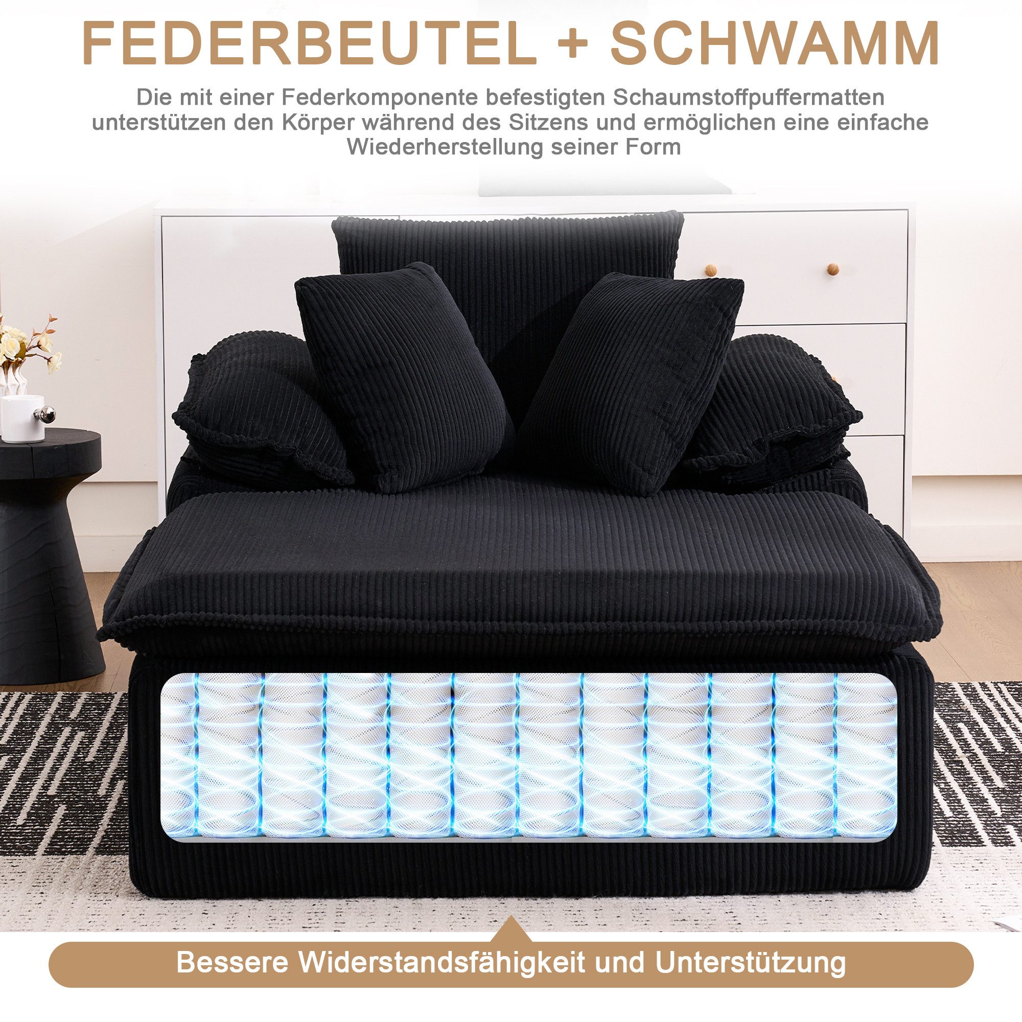 Odikalo Loungesofa Schlafsofa Relaxsofa Freizeitsofa Polstermöbel mehrfarbig, Ein 122 cm hohes, rahmenloses Relaxsofa im Indoor-Stil. Es bietet hohen Lesekomfort, ist mit breiten Armlehnen ausgestattet und muss nicht montiert werden.