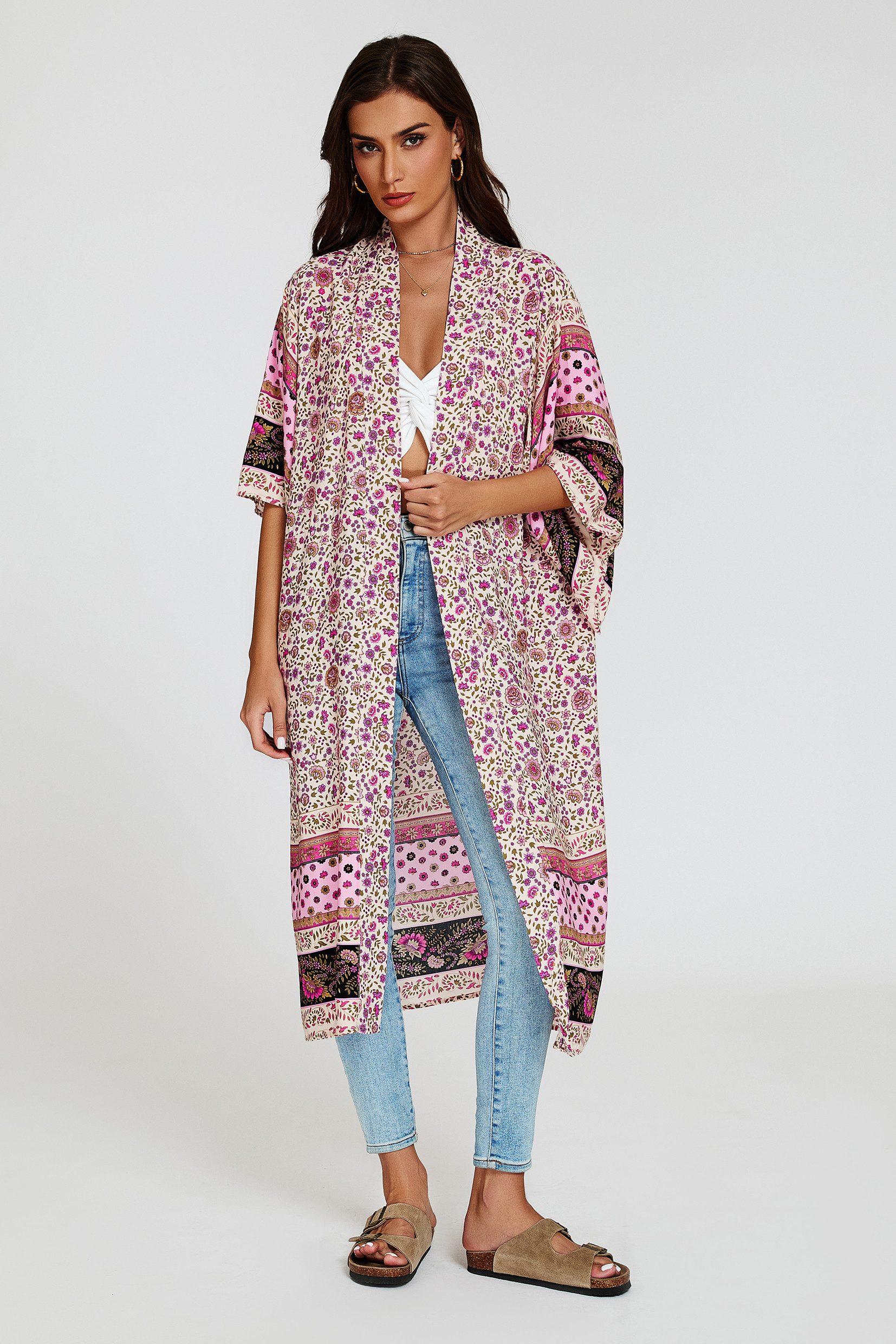 FS Collection Blusenkimono Luftiger Blusenkimono mit Bindegürtel - Lässiger Baumwollkimono (XS (EU:36 / UK:8) · S (EU:38 / UK:10) · M (EU:40 / UK:12) · L (EU:42 / UK:14) · XL (EU:44 / UK:16, 2 Farben : Blau und Rosa) 100 % Baumwolle – weich, atmungsaktiv & hautfreundlich - Boho-Style