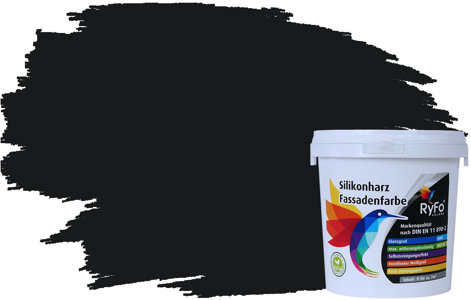 RyFo Colors Fassadenfarbe Silikonharz Fassadenfarbe Schwarz 1l, 1 L ca. 6 m², Wasserabweisend, diffusionsfähig, schützt vor Schmutz, Algen, Pilzen