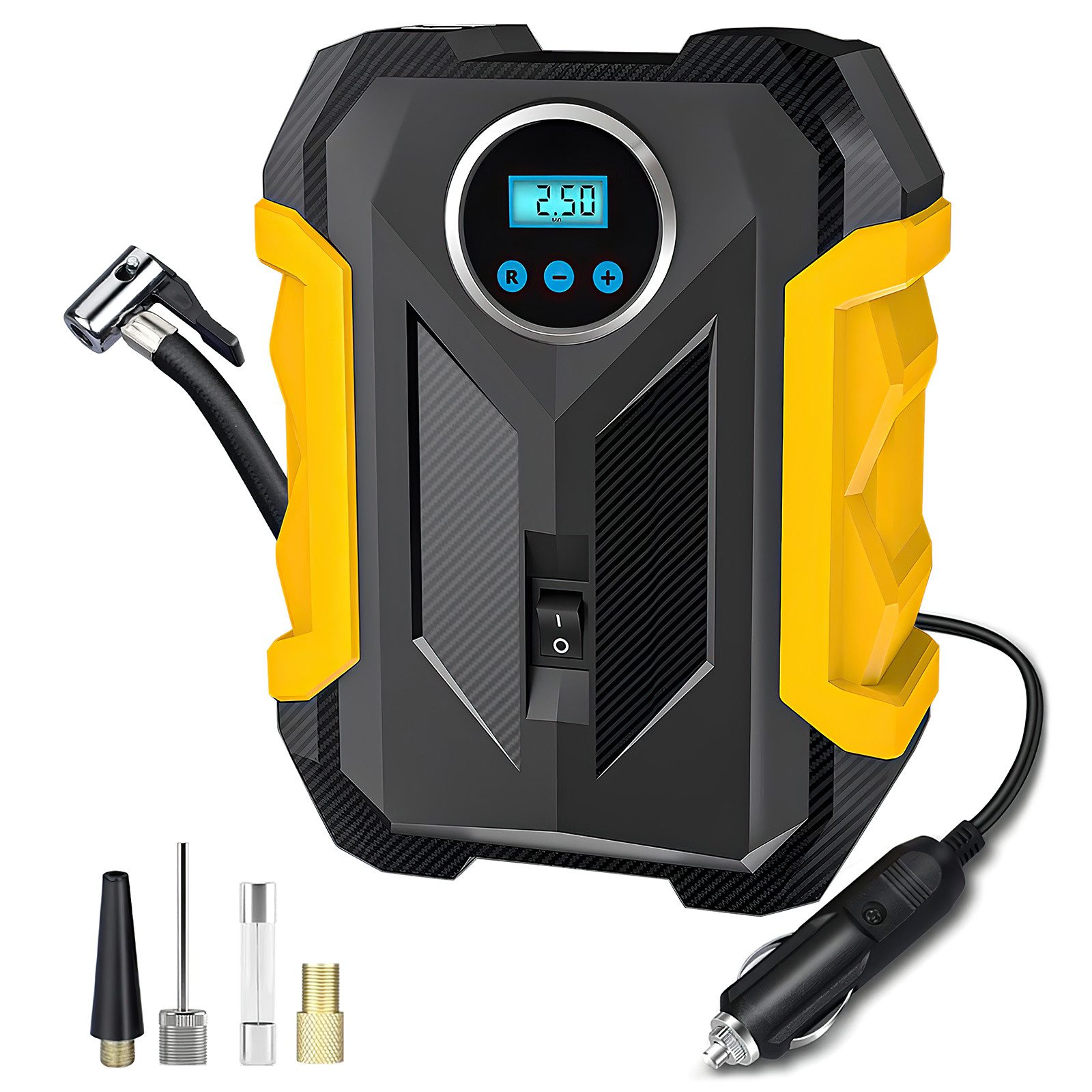 MOPUEA Elektropumpe Akku-Luftpumpe Elektropumpe Elektrische Mini Kompressor 12V (mit digitalem Reifendruckmesser, 150PSI, 1-tlg., LCD Bildschirm, 150PSI 12V mit 6000mAh), für Fahrrad, Motorrad, Auto, Als Taschenlampe und Powerbank