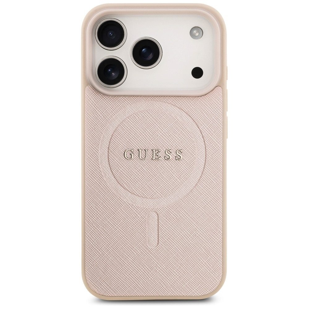 Guess Handyhülle iPhone 17 Pro Kunstleder geprägt rosa Logo goldfarbig MagSafe 6,3 Zoll, Kantenschutz