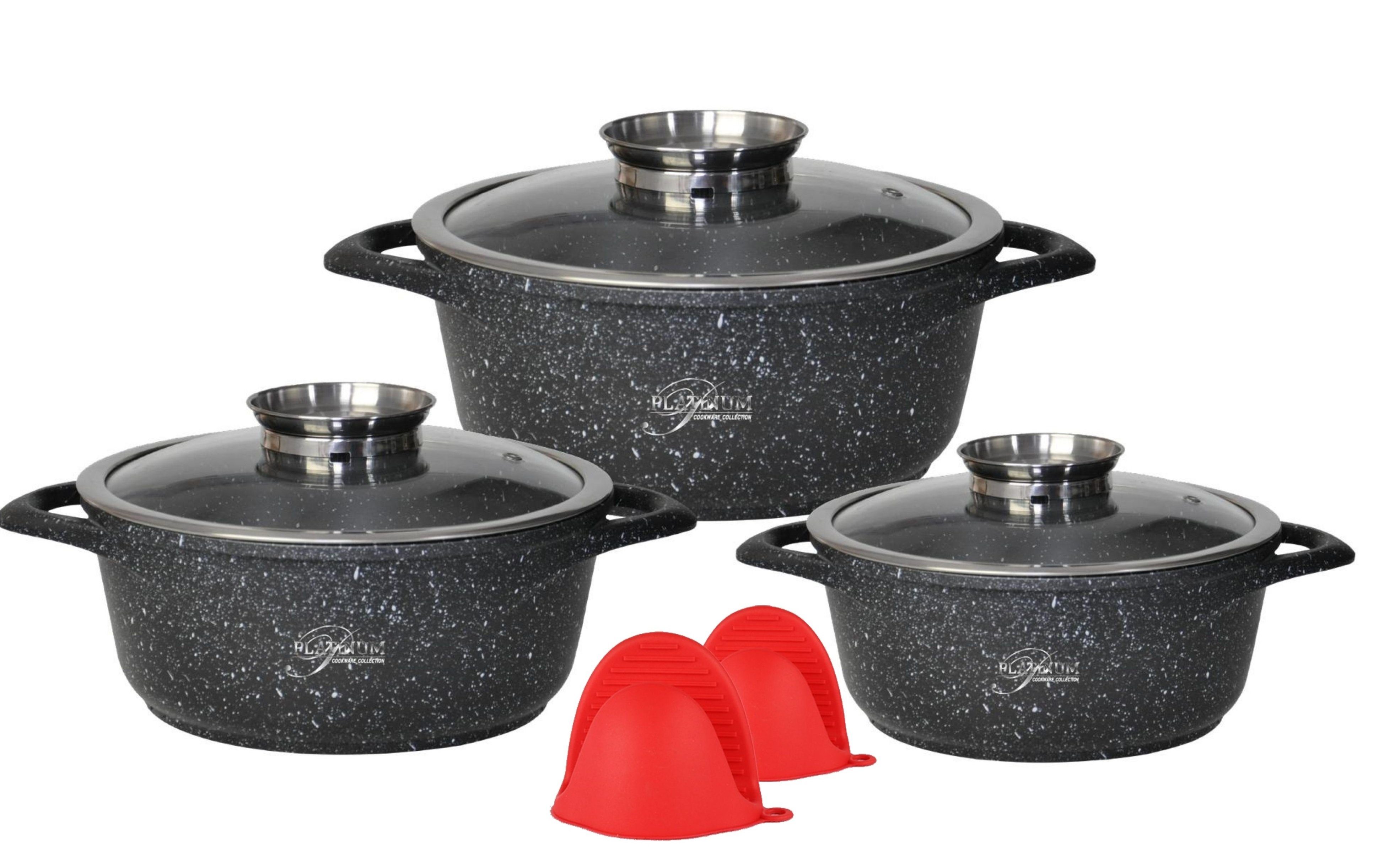 Cheffinger Kochtopf Kochgeschirr 6 teilig Topf Induktion Alu Guss ø 20-28cm Topf Kochtopfset mit Silikongriffe Aluminium Guss Schwarz