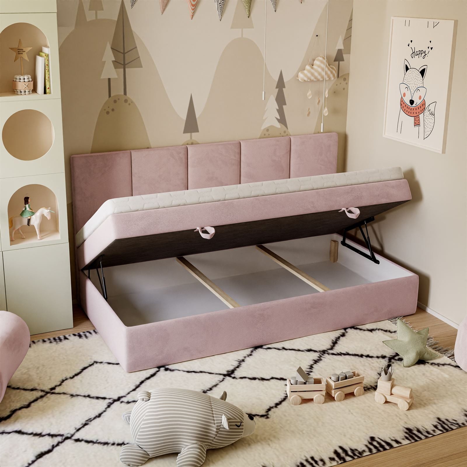 Lookway Boxspringbett Kontinental ELZA MINI mit Bettkasten und Topper, komfortabel gepolstertes, hohes Kopfteil