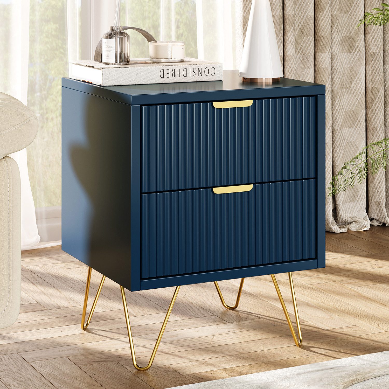 zebery Nachttisch Nachtschrank mit 2 Schubladen (Set, 1-St), 40x35.5x50 cm,1er-Packung,Metallgriffe und Stützbeine,Blau