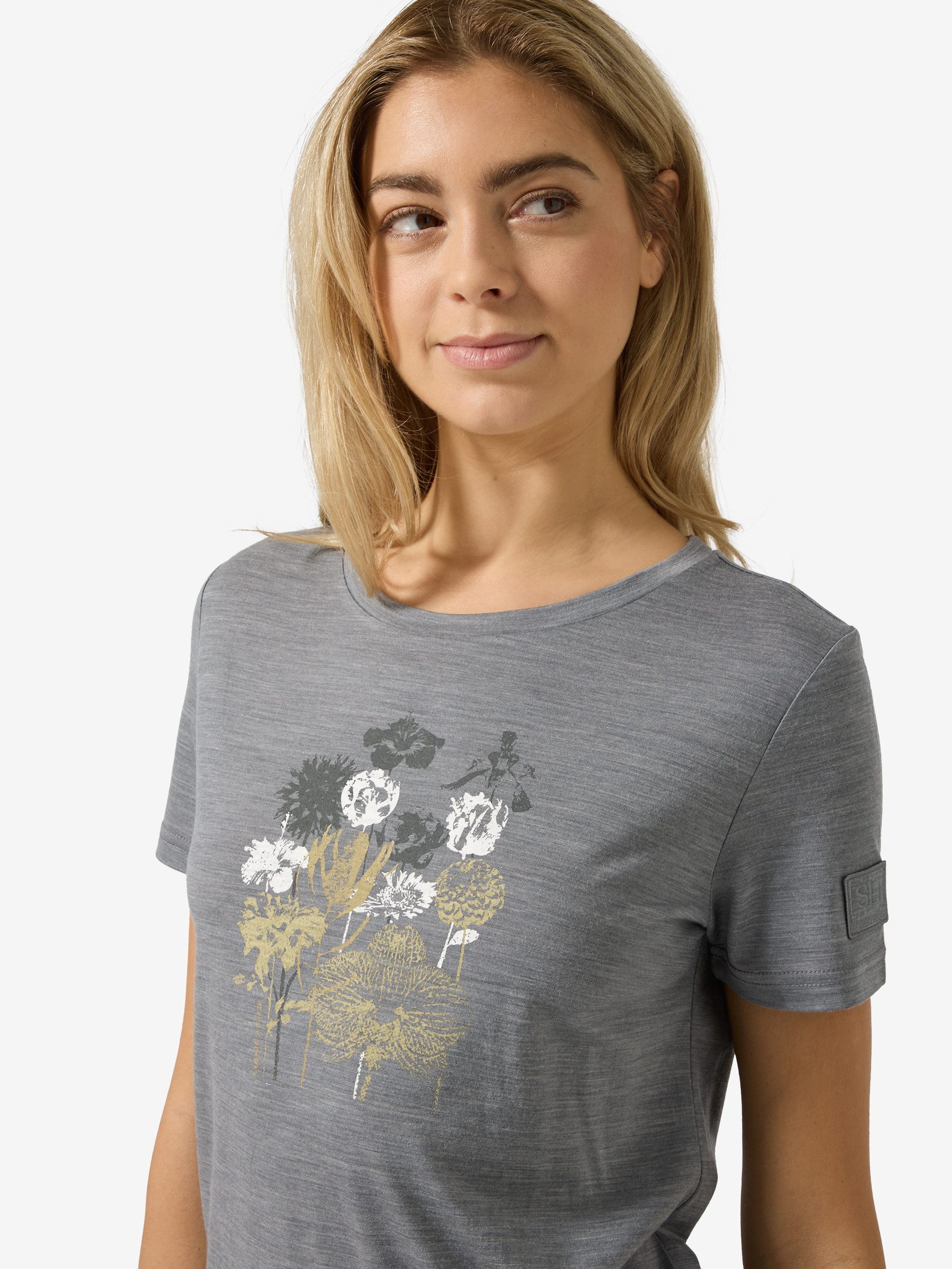 SUPER.NATURAL T-Shirt für Damen, nachhaltig, Merino W ORCHID BIO J TEE mit Blumen-Motiv, atmungsaktiv
