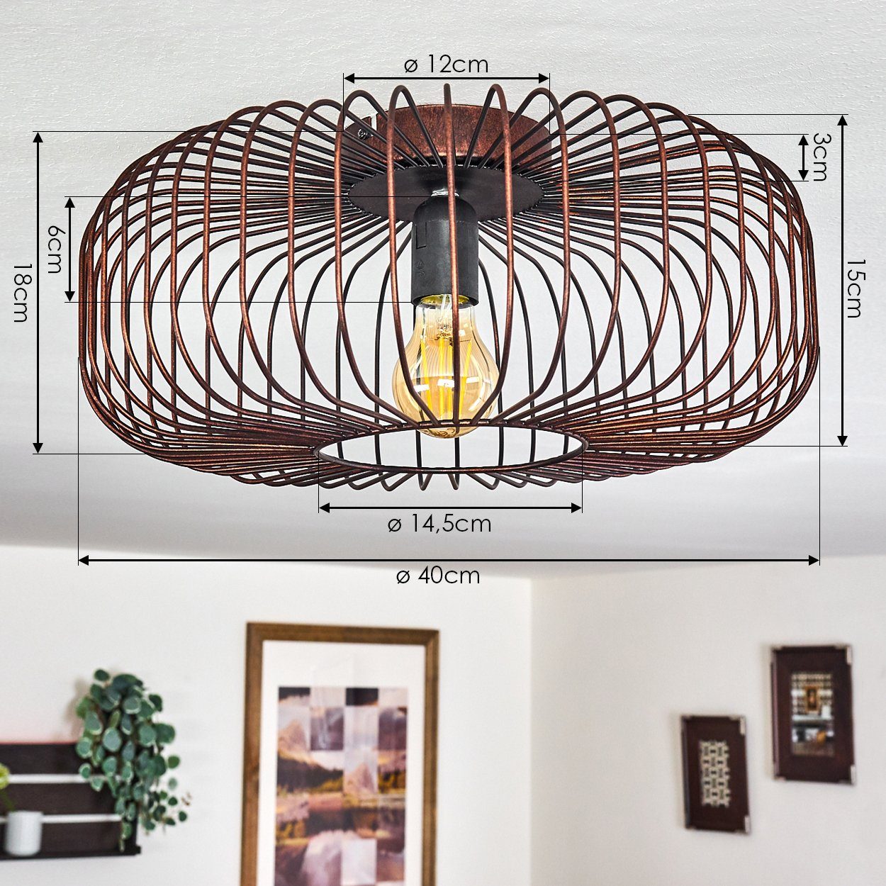 hofstein Deckenleuchte »Pieris« runde Deckenlampe aus Metall in Schwarz/Kupfer, ohne Leuchtmittel, E27, Retro-Leuchte mit Lichteffekt durch Gitter-Optik – Bild 4 von 5