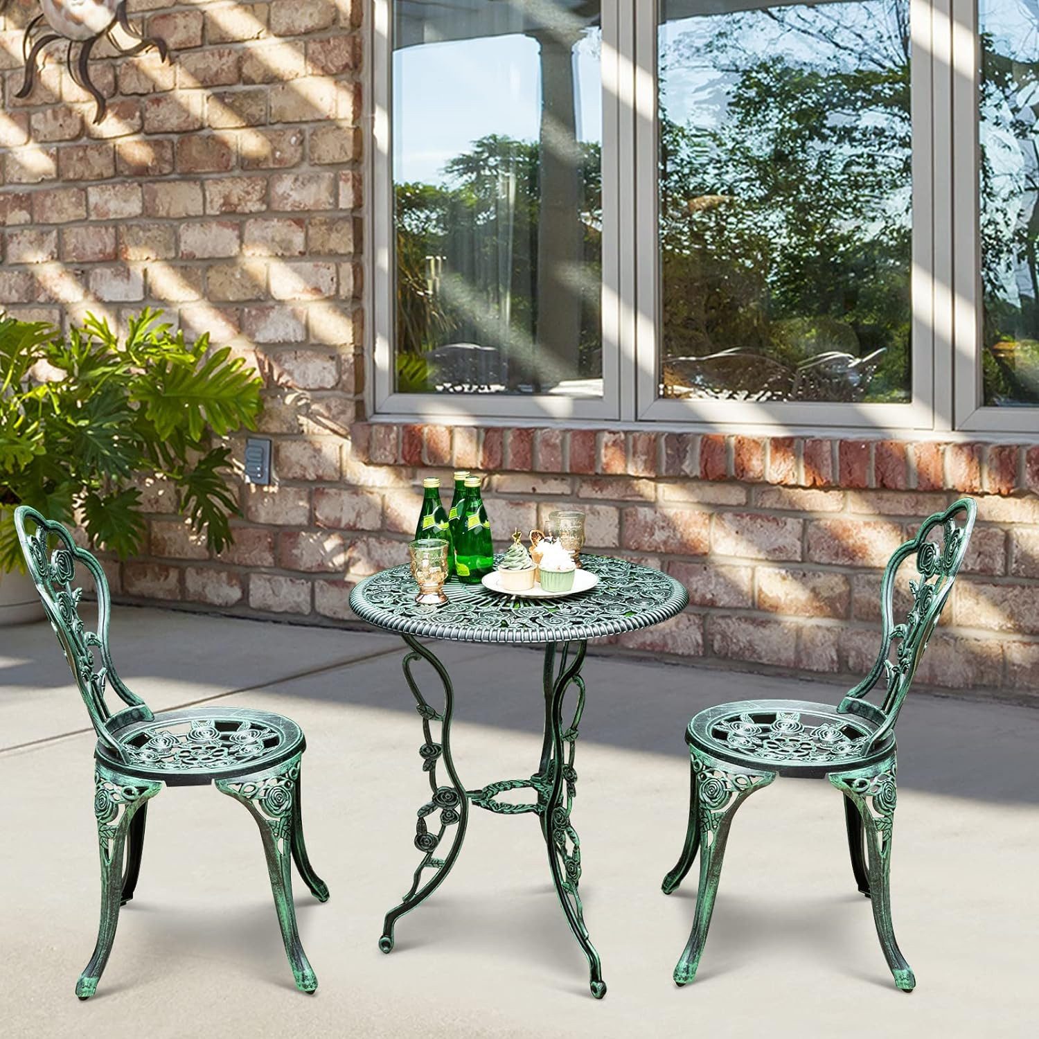 KOMFOTTEU Gartentisch Runder Gartentisch mit 2 Stühlen, Grün,für Balkon