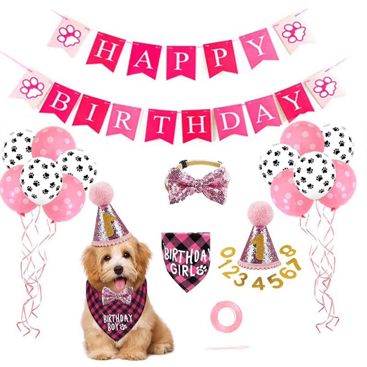 XDeer Hundekostüm Bandana Hunde Zubehör Set Hund Geburtstag Bandana Set, Schals Fliege Halsband Hund Geburtstag Deko für Partyzubehör