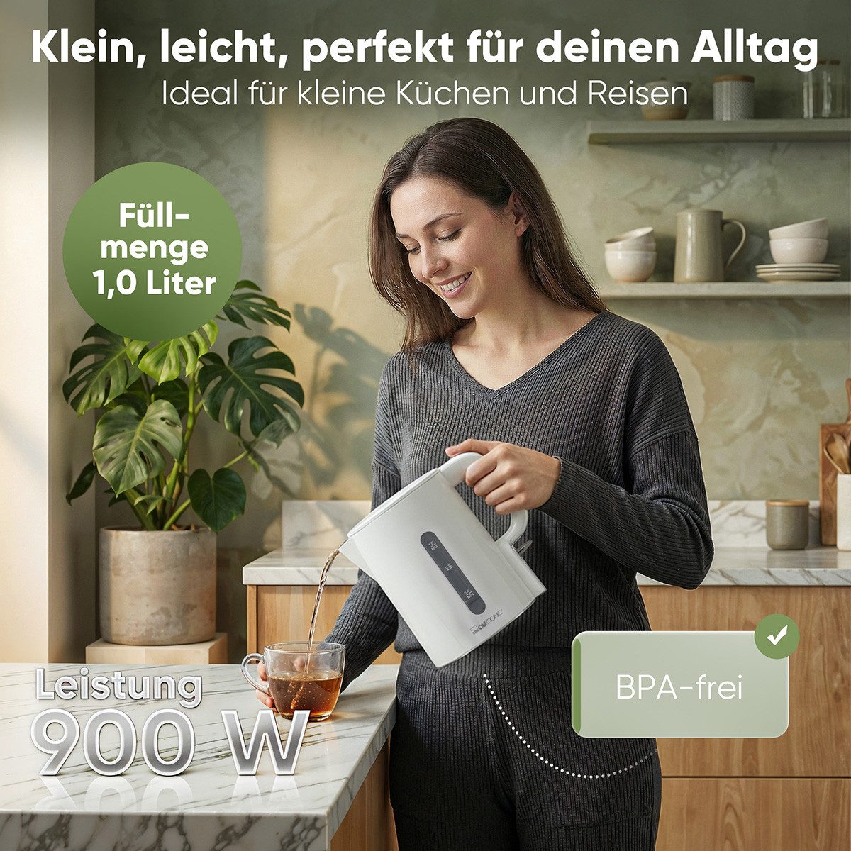 CLATRONIC Wasserkocher WK 3834, Wasserkocher 1L, 900W, Einhandbedienung