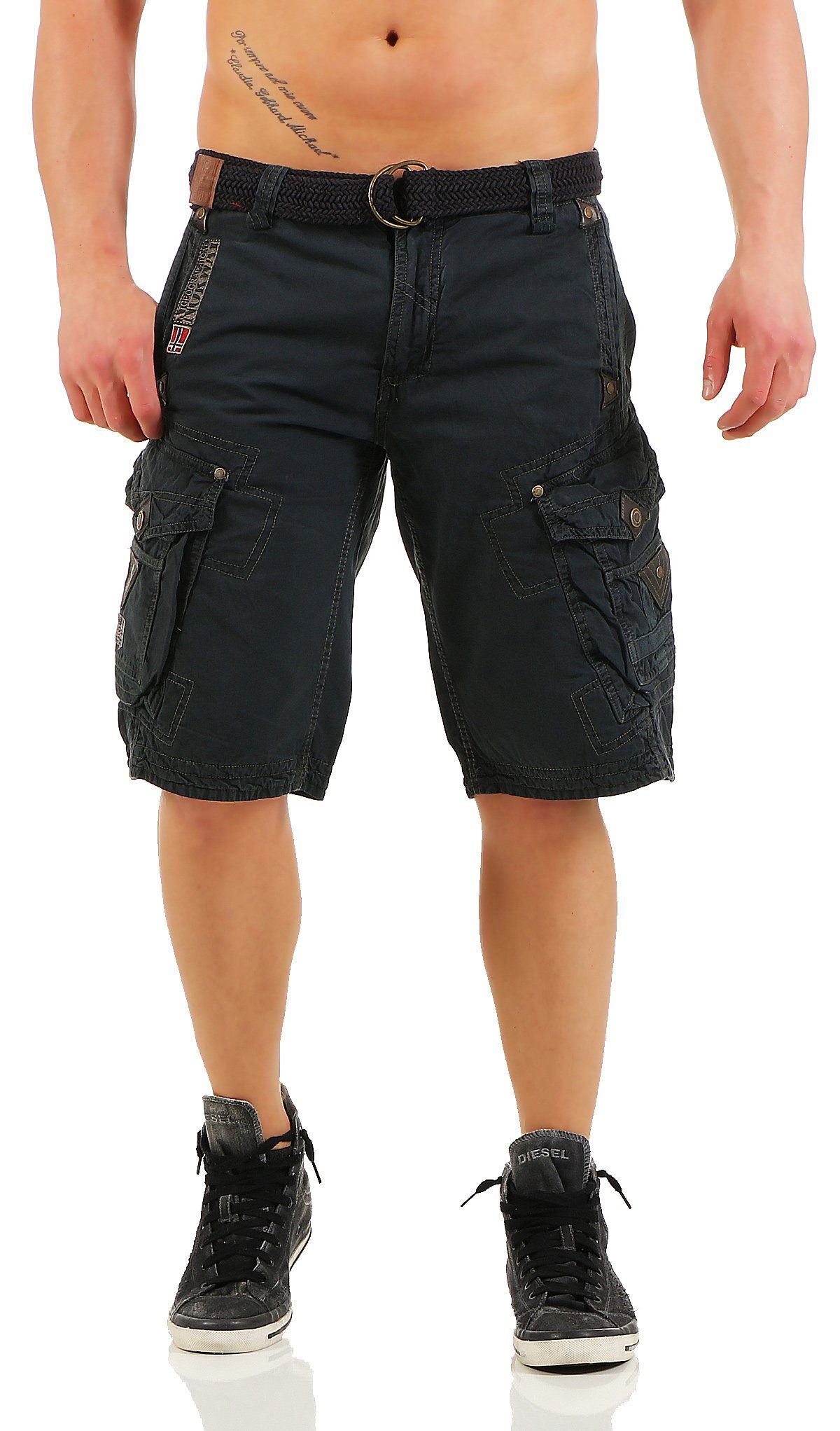 Geographical Norway Cargoshorts Herren Shorts G-PERLE (mit abnehmbarem Gürtel) Shorts, kurze Hose, unifarben / camouflage Schwarz