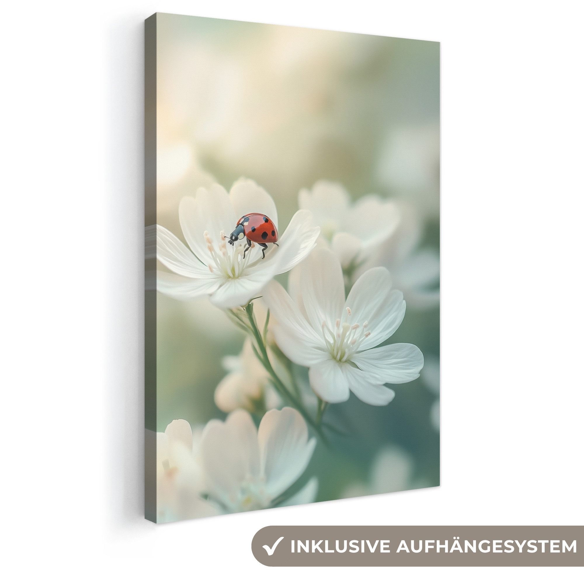 OneMillionCanvasses® Leinwandbild Marienkäfer - Blumen - Weiß, Fotodruck (1 St), Leinwand Canvas Wandbild, Wanddekoration 20x30 cm