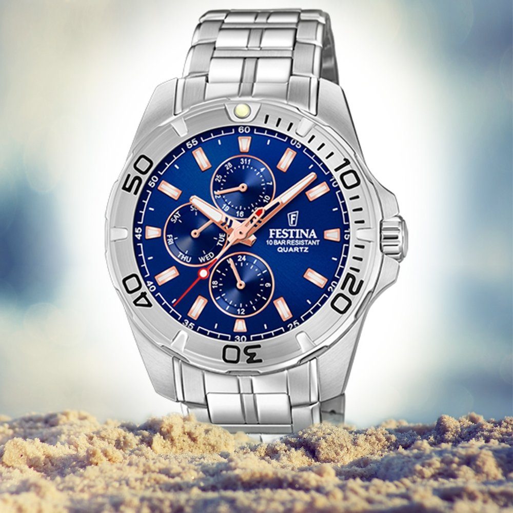 Festina Multifunktionsuhr Festina Herren Uhr F20445/5 Stahl, (Analoguhr), Herren Armbanduhr rund, Edelstahlarmband silber