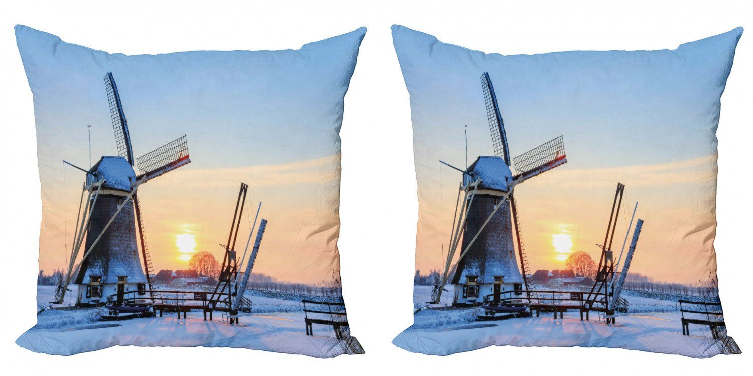Kissenbezüge Modern Accent Doppelseitiger Digitaldruck, Abakuhaus (2 Stück), Windmühle Icy Dutch Fluss Sonnenuntergang