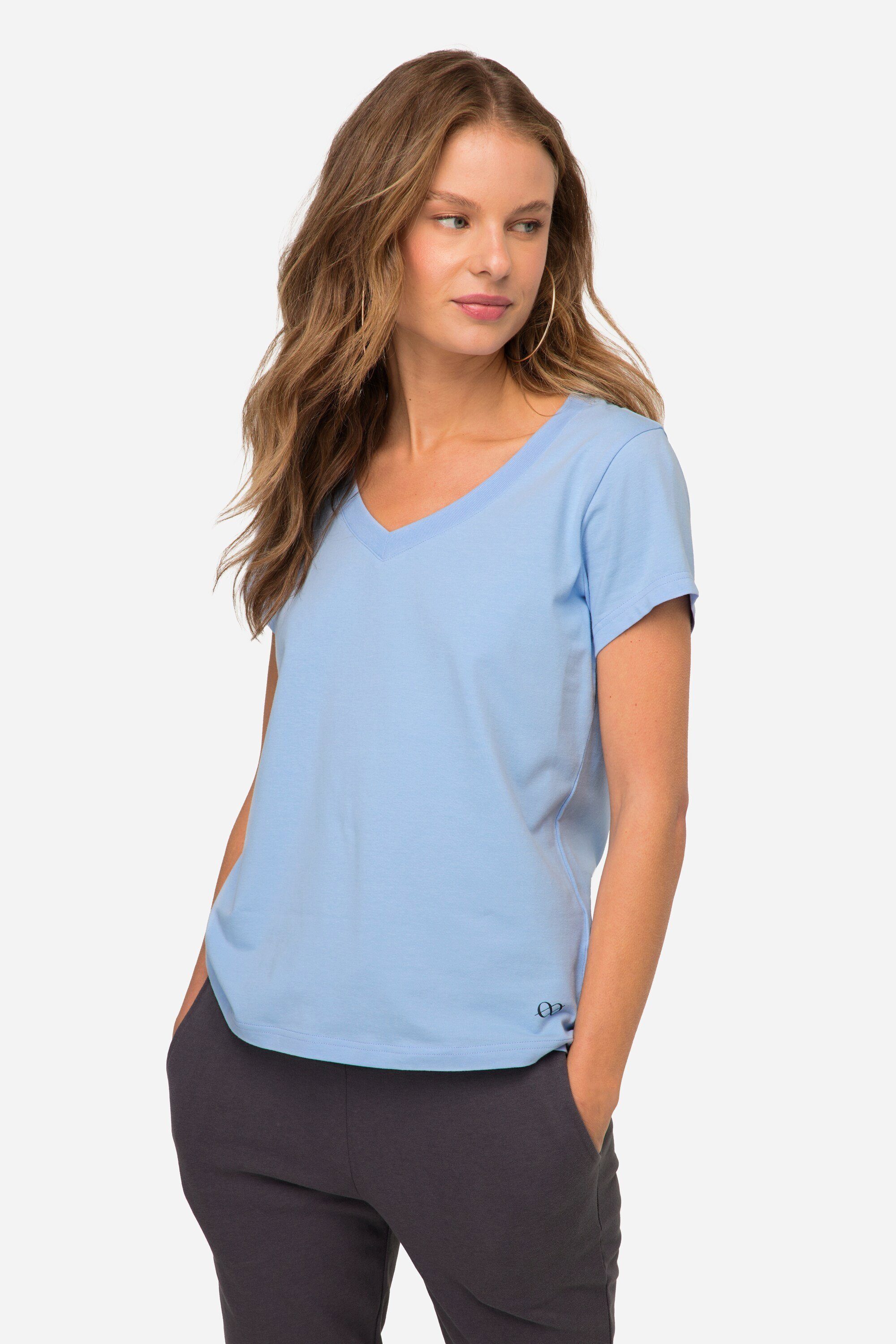 Laurasøn Rundhalsshirt T-Shirt kleiner Knoten Print V-Ausschnitt Halbarm