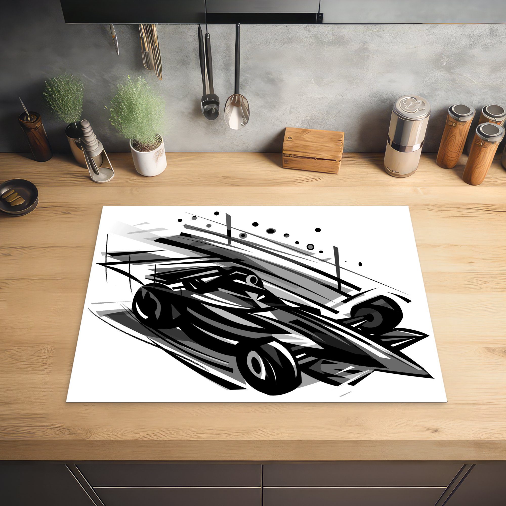 70x52 Formel aus Mobile MuchoWow nutzbar, Herdblende-/Abdeckplatte Illustration Arbeitsfläche Ceranfeldabdeckung (1 eines 1, schwarz-weiße Eine Autos cm, der Vinyl, tlg),