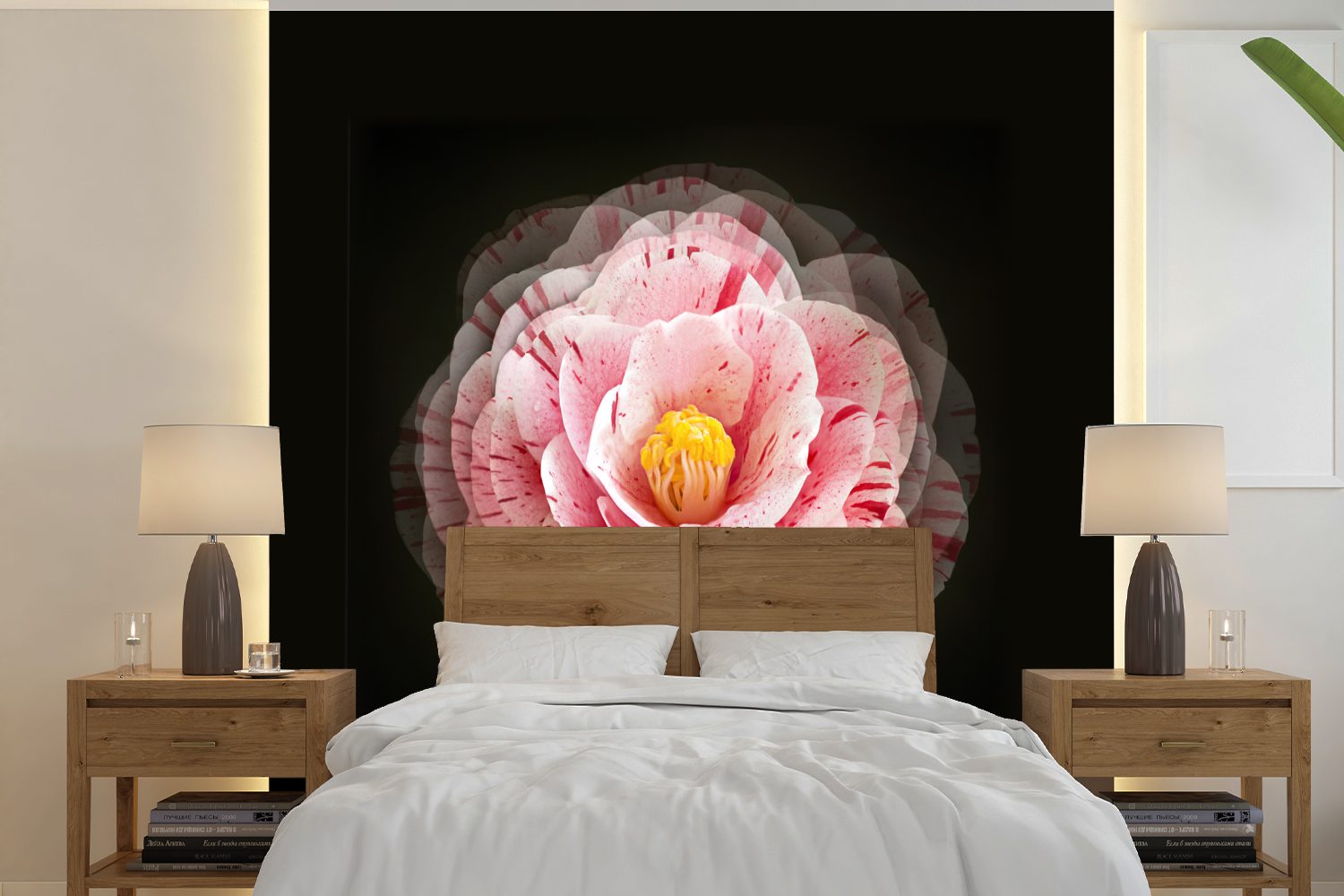 MuchoWow Fototapete Blume - Kamelie - Rosa, Matt, bedruckt, (5 St), Vinyl Tapete für Wohnzimmer oder Schlafzimmer, Wandtapete