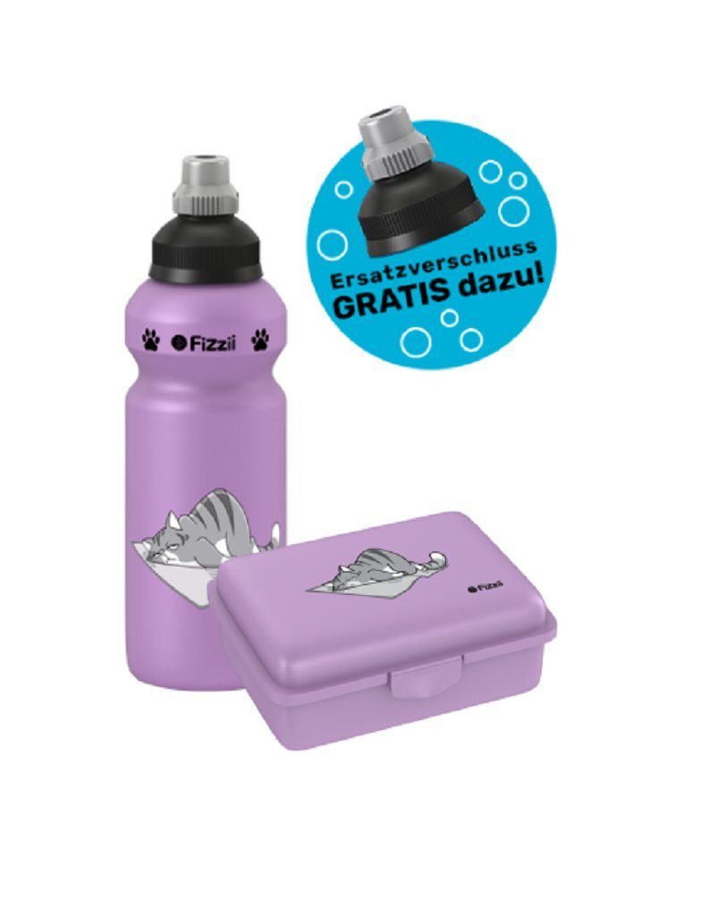 Fizzii Trinkflasche Lunch Set Kinder Trinkflasche & Brotdose Flieder Katze