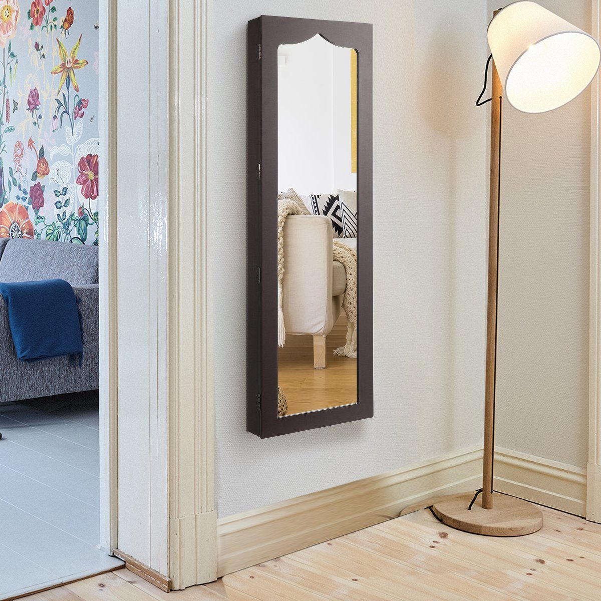 COSTWAY Schmuckschrank Tür und mit Ganzkörperspiegel, LED Braun für Wand &