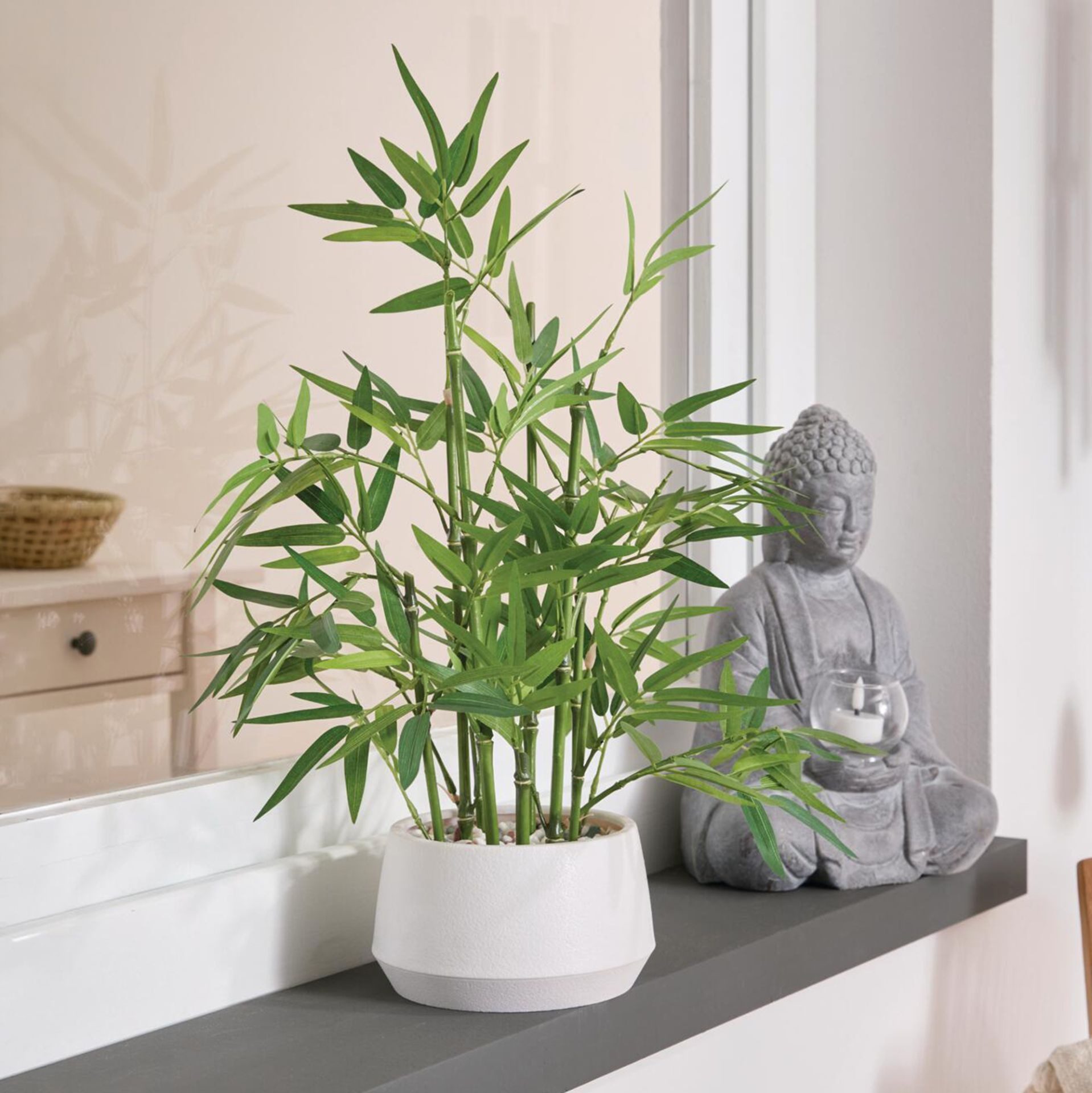Kunstpflanze Bambus weiß Topf Kunstpflanze Kunstblume Fenster Deko 46 cm, Home-trends24.de, Höhe 46 cm