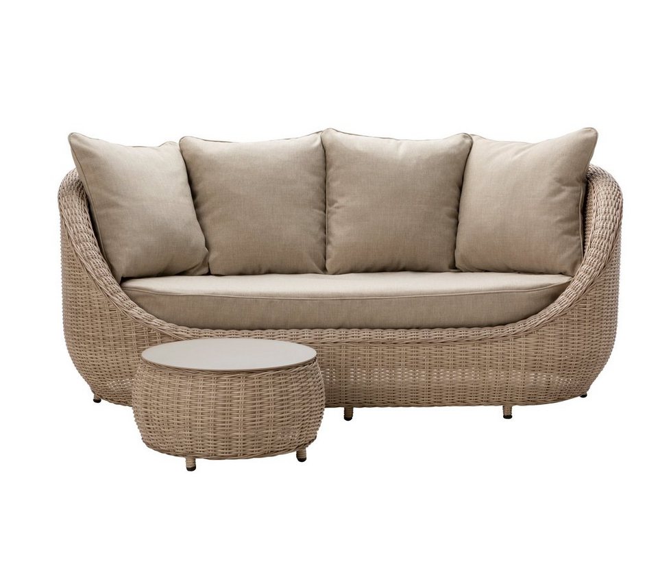Dehner Loungeset Bari, 3-Sitzer Sofa mit Tisch, inkl. Polster, modernes  Outdoor-Sofa mit wasserabweisendem Bezug, Farbe hellbraun