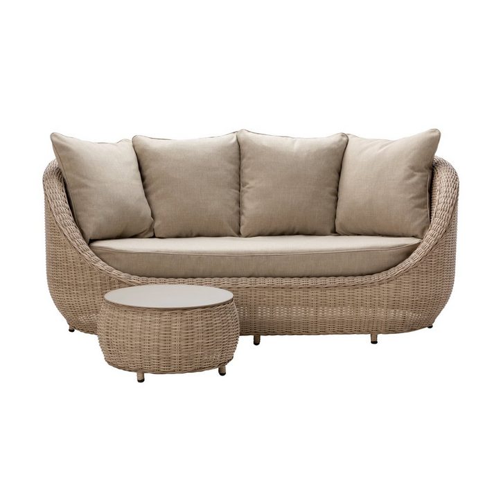 Dehner Loungeset Bari 3-Sitzer Sofa mit Tisch inkl. Polster modernes Outdoor-Sofa mit wasserabweisendem Bezug Farbe hellbraun