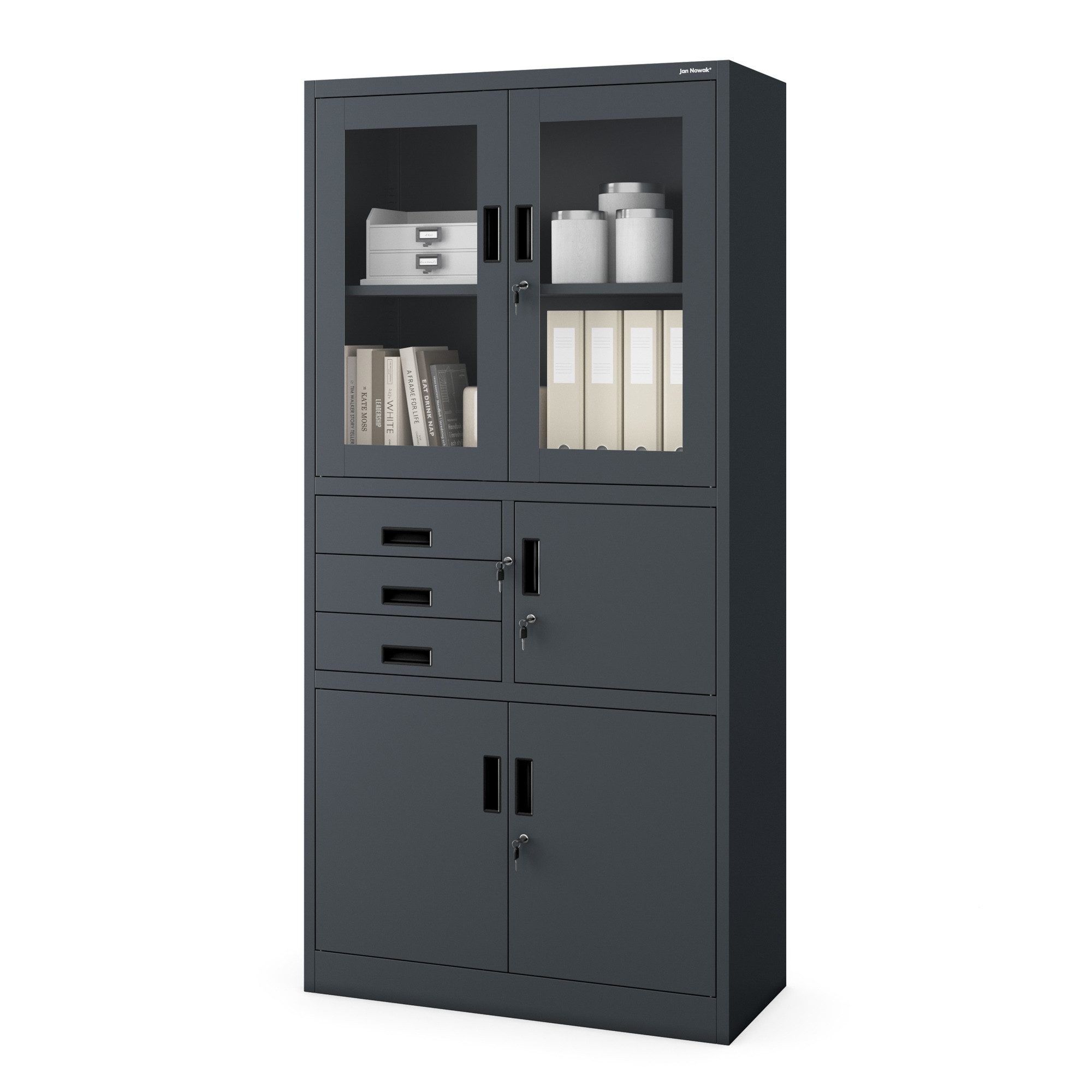 Jan Nowak Aktenschrank Metall Büroschrank mit Tresor 90 cm FILIP Glasvitrine Schubladen (Stahl 0,6 mm Wandmontage möglich PZH-zertifiziert 185 cm) Aktenschrank Safe 3 Schubladen Schloss 2 Schlüssel 5 Farben