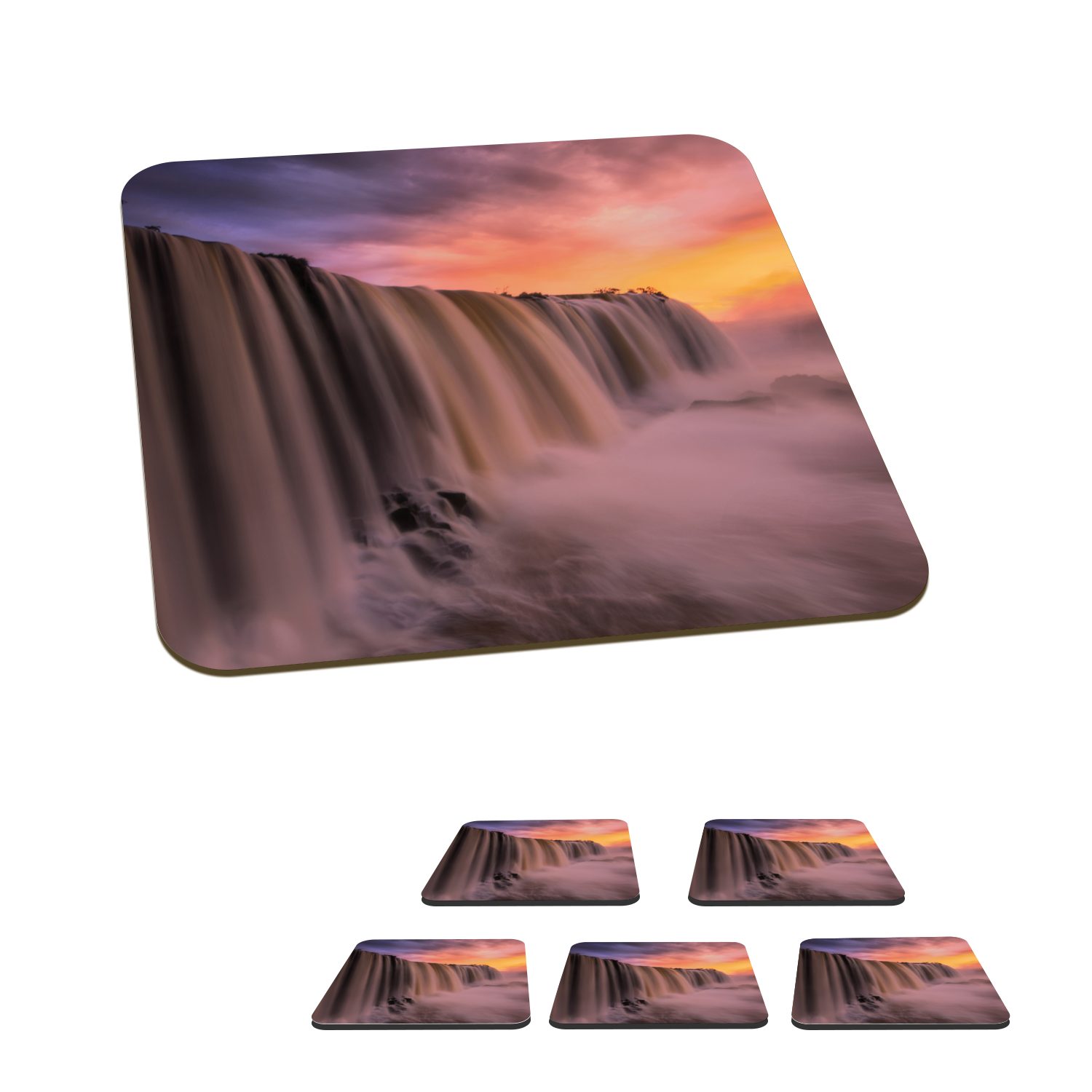 MuchoWow Glasuntersetzer Wasserfall - Sonnenuntergang - Natur, Zubehör für Gläser, 6-tlg., Glasuntersetzer, Tischuntersetzer, Korkuntersetzer, Untersetzer, Tasse