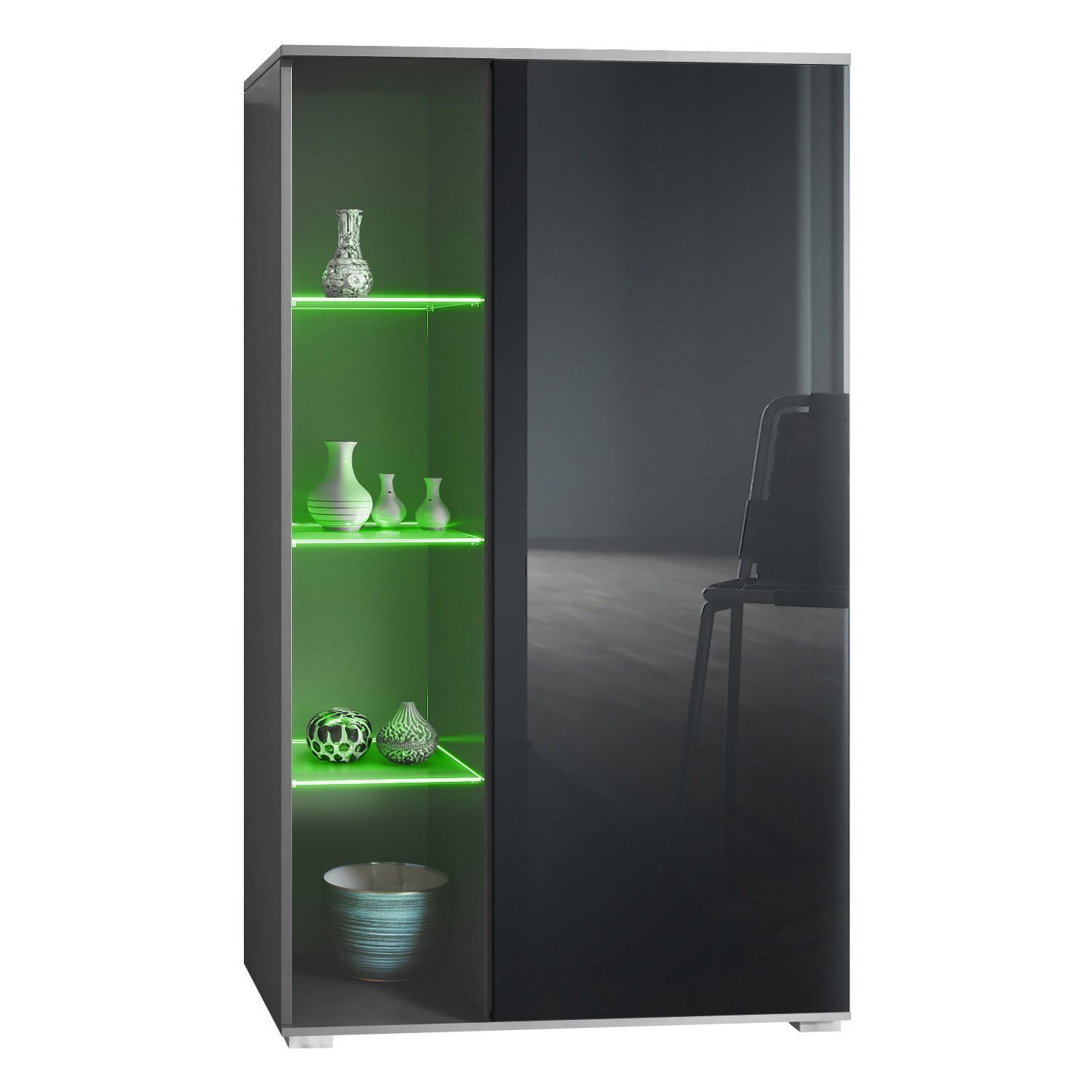 Vladon Standvitrine Davos (Standvitrine, mit 3 Glasböden und 8 Fächer inkl. LED) Anthrazit matt/Schwarz Hochglanz (71,5 x 134 x 35 cm)