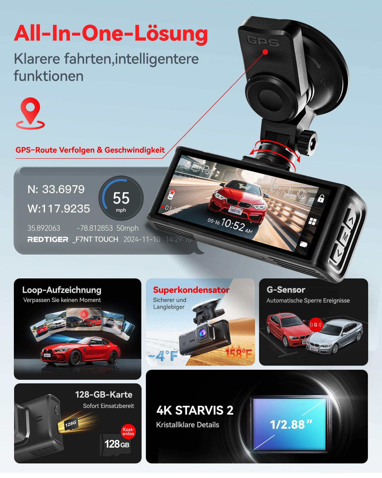 REDTIGER 4K+1080P Duale Autokamera mit 170° Weitwinkel, WDR Nachtsicht, GPS Dashcam (WLAN (Wi-Fi), Parküberwachung & 128GB-Karte inklusive) – Bild 5 von 5