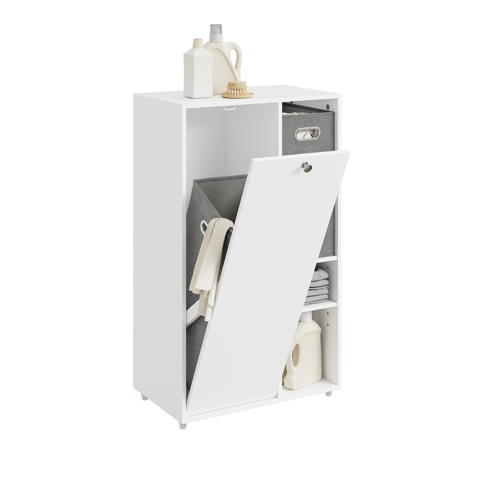 SoBuy Badkommode BZR218, Badezimmerschrank schmal, Badkommode Wäscheschrank Wäschekorb, Badschrank mit Wäschekorb, mit 2 Stoffschubladen, Nischenschrank