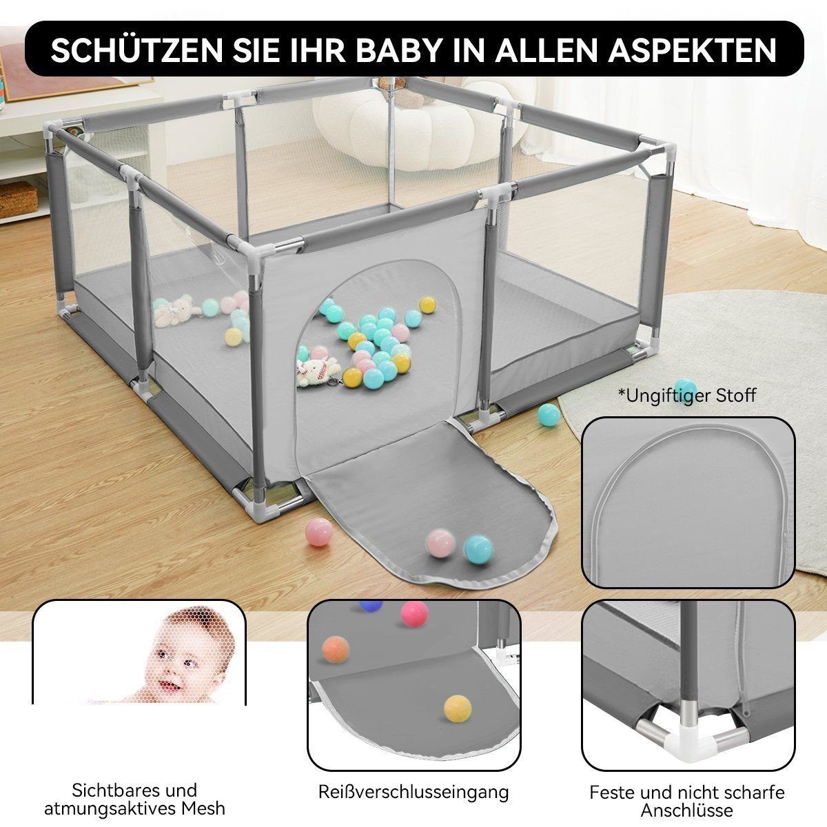 Comomy Laufgitter, Baby Krabbelgitter Schutzgitter Laufgitterzelt 128x128x66cm